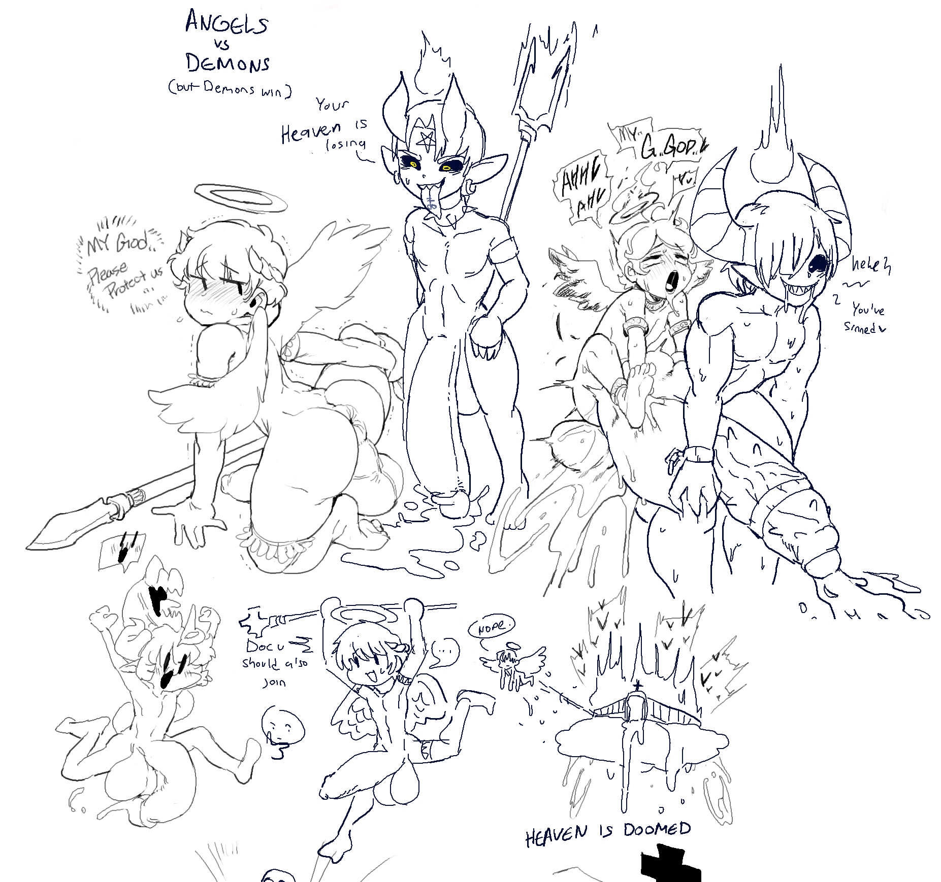 androgynous, angel, angel halo, angel wings, balls, balthazar (lewdicrousart), bardiel (lewdicrousart), big balls, black and white, breasts, cum while penetrated, demon, demon boy, demon horns, docu (doppel), doppel, drooling, english text, excessive cum, feet, femboy, flaccid, flaccid penis, gay, gigantic penis, halo, heart, heaven, huge cock, hung bottom, hung femboy, hung trap, lewdicrousart, male, male only, male/male, monster boy, multiple boys, multiple males, original character, penis, pentagram, presenting, presenting anus, presenting breasts, sketch, small dom, small dom big sub, tagme, tongue, tongue out, trident, weapon, white background, wings, yaoi