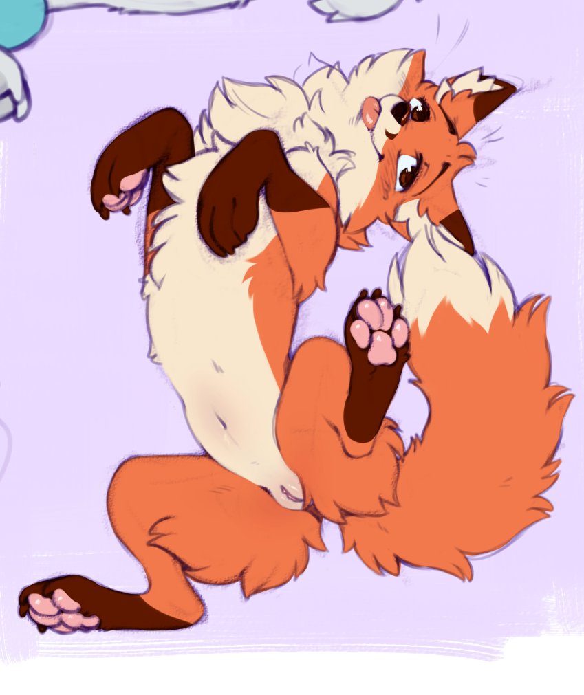 2022 belly blep brown_eyes canid canine claws digital_drawing_(artwork) digital_media_(artwork) female feral fluffy fox fur genitals humanoid_genitalia humanoid_pussy humanoid_pussy_on_feral k0ira long_tail lying mammal navel on_back orange_body orange_fur pawpads paws presenting purple_background pussy simple_background solo tail tongue tongue_out white_body white_fur