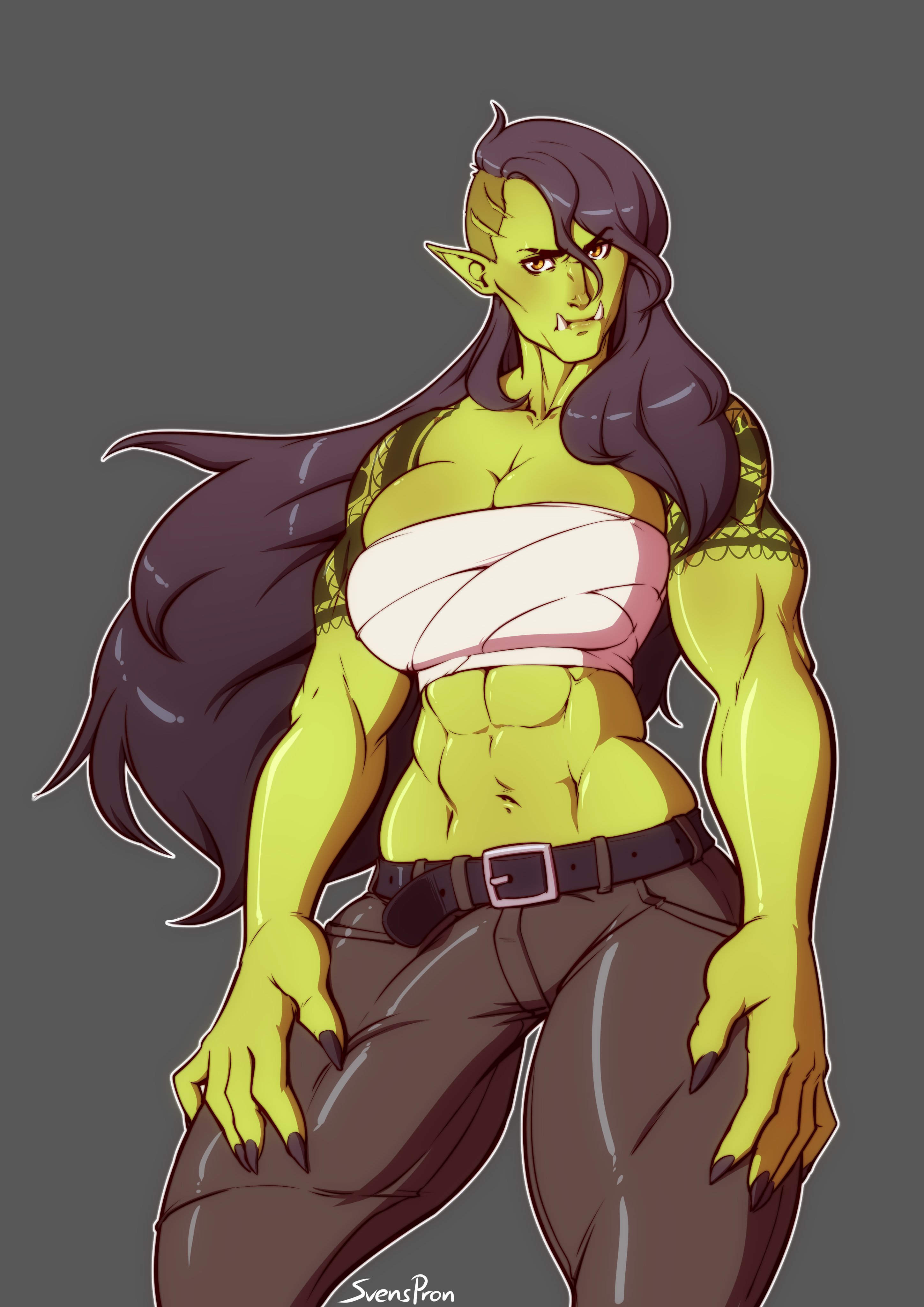 1futa, abs, absurdres, big breasts, big penis, breasts, bulge, cleavage, erection under clothes, futa only, futanari, green skin, highres, intersex, large breasts, muscles, muscular, muscular futa, orc, orc futa, penis, penis under clothes, solo, svenners