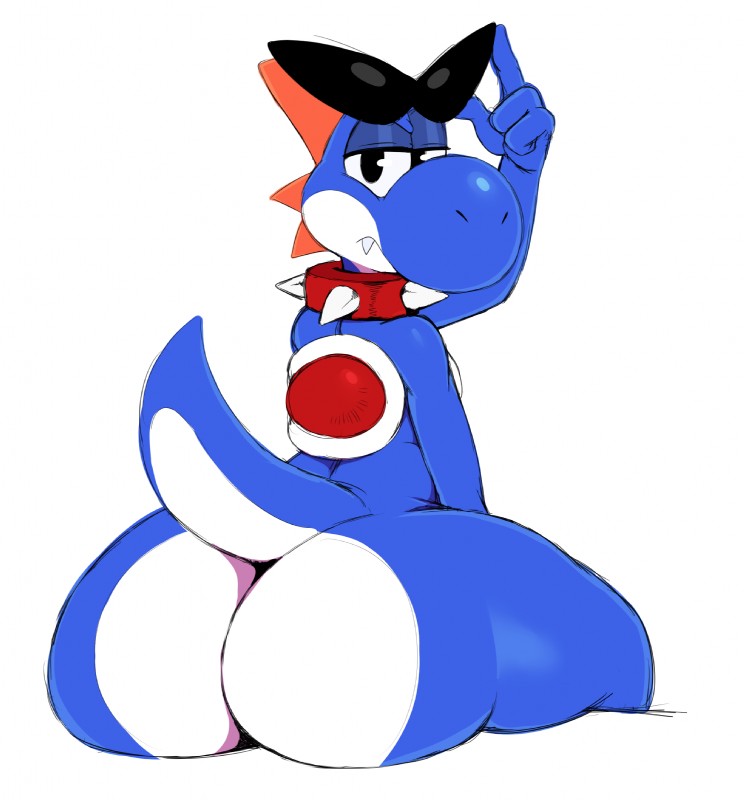 1boy annoyed anthro big_butt blue_yoshi boshi bubble_butt collar dinosaur eyewear fang femboy hi_res looking_at_viewer male male_only mario_(series) nintendo nude scalie simple_background solo spiked_collar sssonic2 sunglasses super_mario_rpg tail thick_thighs video_games wide_hips yoshi