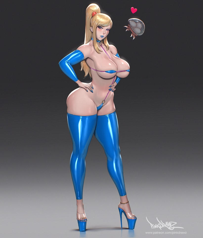 1girls anklet arm_sleeves armpits beauty_mark big_breasts bimbo blonde blonde_hair blue_eyes blue_lipstick blue_nails breasts clear_strap_heels cleavage feet female female_focus female_only footless_stockings hat high_heels large_breasts leg_sleeves light-skinned_female looking_at_viewer metroid metroid_(creature) micro_bikini nail_polish nintendo partially_clothed pinkdrawz platform_heels samus_aran shiny_clothes slutty_outfit solo stiletto_heels toes very_high_heels voluptuous