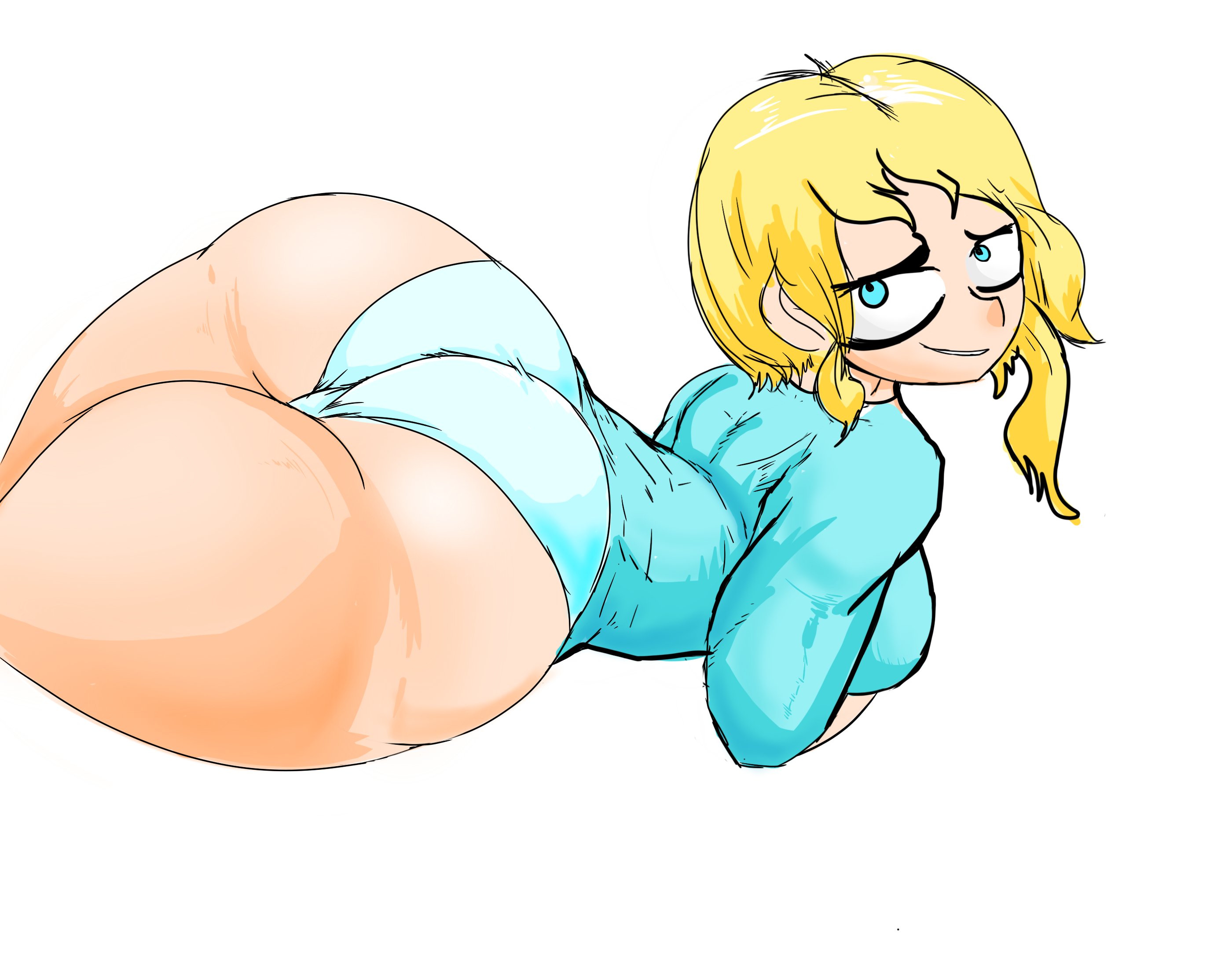 1girls, adomo, ass, atomboi (artist), big ass, big breasts, big butt, blonde hair, blue eyes, blue panties, blue shirt, breasts, emilia (atomboi), female, hands on breasts, huge ass, huge butt, laying, laying down, looking at viewer, oc, original character, panties, thick ass, thick thighs, thighs, tight clothing