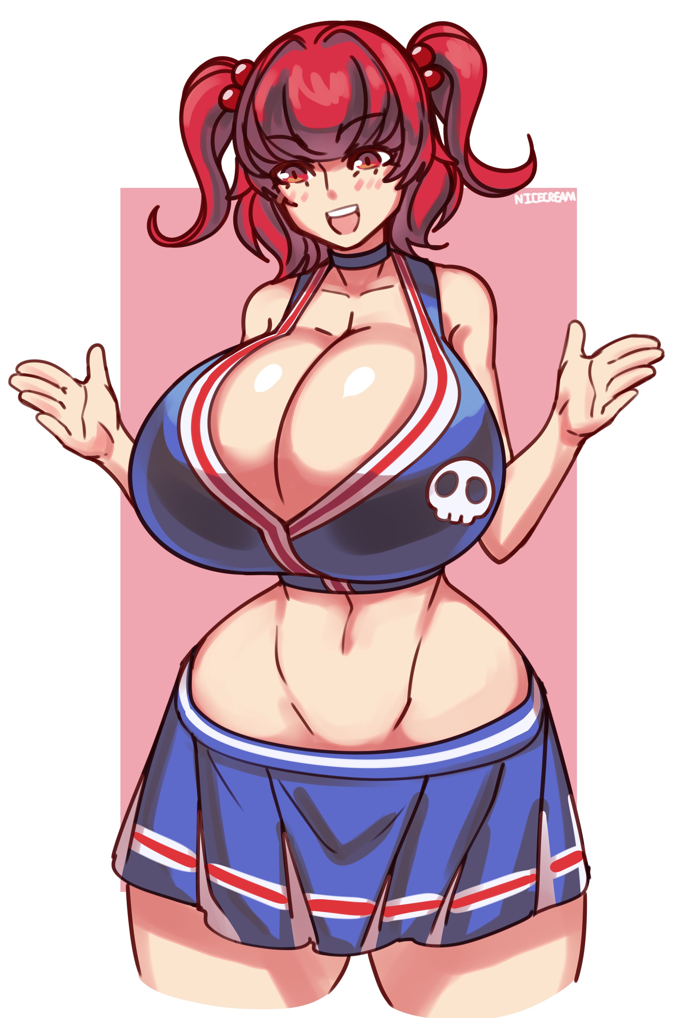 1girls, alternate costume, breasts, cleavage, female, female only, komachi onozuka, large breasts, nicecream, red eyes, red hair, simple background, skirt, solo, thick thighs, touhou