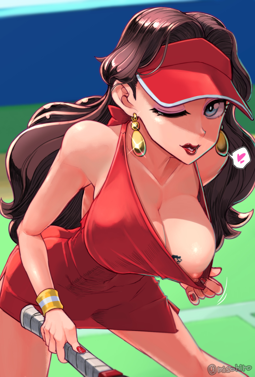 1girls areola_slip areolae ass big_ass big_breasts black_hair blue_eyes breasts clothing earrings female female_only fingernails flashing flashing_breasts hat human human_only lipstick long_hair looking_at_viewer mario_(series) mario_tennis misohiro nail_polish nintendo nipple_slip nipples one_breast_out one_eye_closed pauline red_lipstick red_nails solo tattoo tennis_racket tennis_uniform wink winking winking_at_viewer