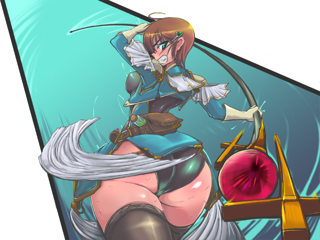 ass blush brown_hair female green_eyes huge_ass looking_back mon-musu_quest! mon-musu_quest:_paradox monster_girl_quest official_art short_hair smooth_skin sonya_(mon-musu_quest!) staff sweat thick_thighs thighs wide_hips xelvy