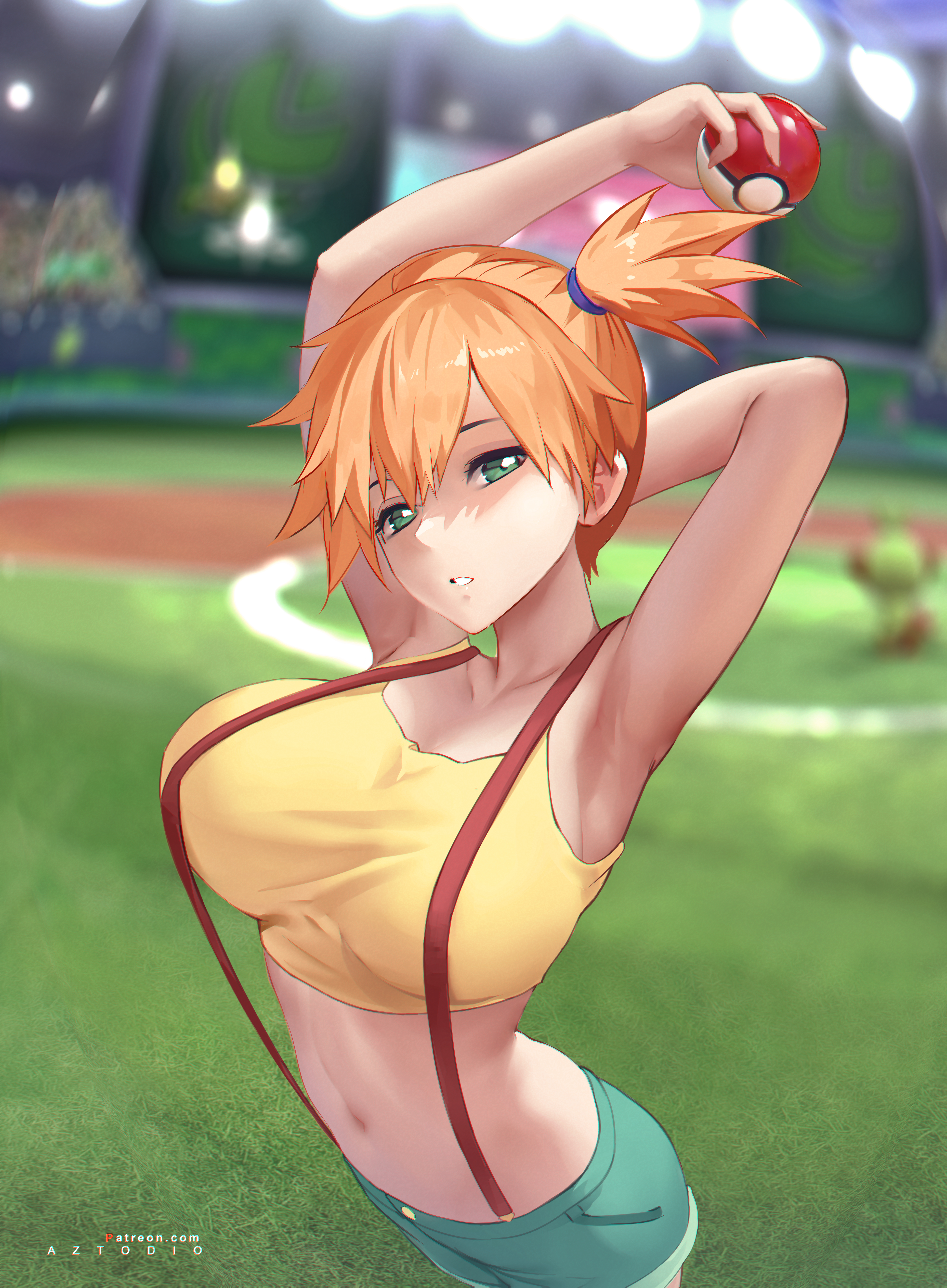 1girls, armpits, arms up, azto dio, bare shoulders, belly, belly button, big breasts, booty shorts, breasts, clothed, clothes, clothing, crop top, female, female only, fully clothed, game freak, green eyes, huge breasts, human, human only, humanoid, kasumi (pokemon), large breasts, mammal, midriff, navel, orange hair, pokeball, pokemon, pokemon rgby, seductive, seductive eyes, seductive look, short hair, shorts, solo, solo female, voluptuous