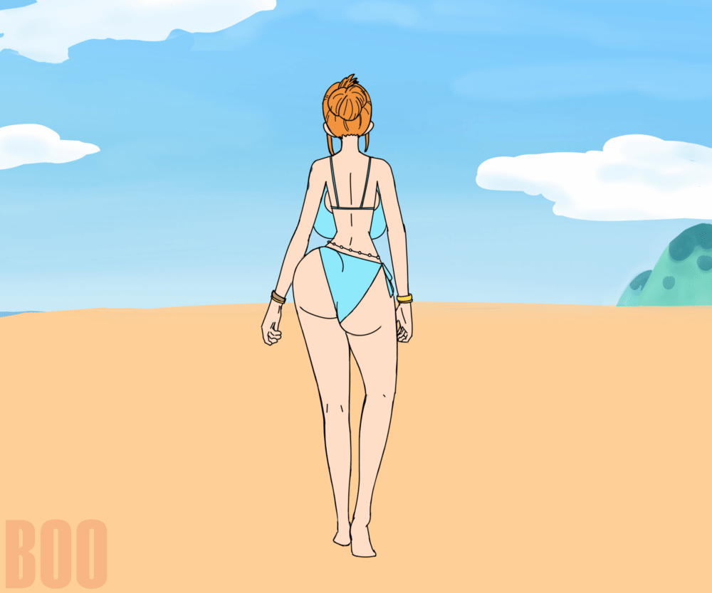 2d, 2d animation, animated, animated gif, ass, ass jiggle, ass shake, back view, backboob, beach, big ass, big breasts, big butt, biggies00, bikini, bouncing ass, bouncing breasts, breasts, female, female only, huge breasts, jiggle, jiggling, nami (one piece), one piece, shounen jump, small waist, thick ass, thick thighs, walking