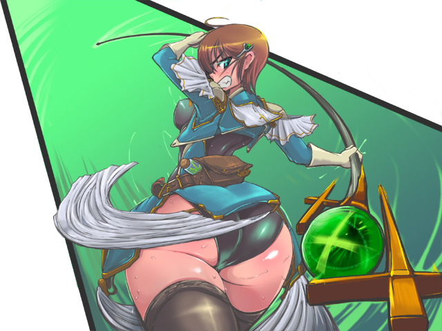 ass blush brown_hair female green_eyes huge_ass looking_back mon-musu_quest! mon-musu_quest:_paradox monster_girl_quest official_art short_hair smooth_skin sonya_(mon-musu_quest!) staff sweat thick_thighs thighs wide_hips xelvy