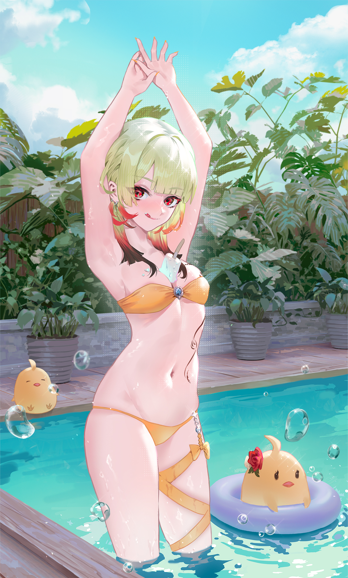 1girls, armpits, arms up, azur lane, bare arms, bare shoulders, between breasts, bikini, bird, blonde hair, breasts, cirilla lin, cleavage, female, female only, food, giuseppe garibaldi (azur lane), gradient hair, highres, light skin, light-skinned female, looking at viewer, manjuu (azur lane), medium breasts, midriff, multicolored hair, outdoors, pale skin, pale-skinned female, pool, popsicle, red eyes, revealing clothes, smile, smooth skin, solo, standing, stomach, strapless, swimsuit, tattoo, thigh strap, thighs, toned, toned female, tongue, tongue out, water, wet, wet skin