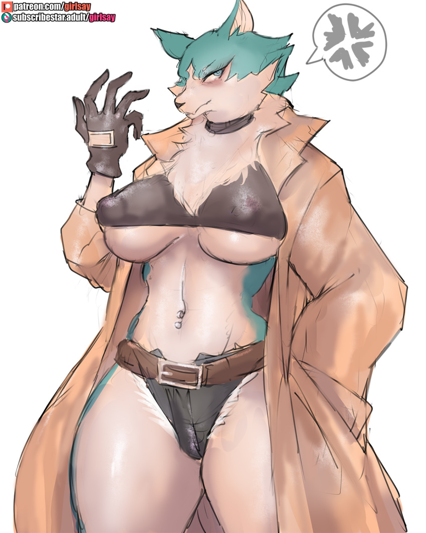 annoyed, anthro, big breasts, blue body, blue eyes, blue fur, blush, bottomwear, brand new animal, breasts, cameltoe, canid, canine, canis, chest tuft, choker, clothed, clothing, countershade torso, countershading, cross-popping vein, curvaceous, curvy figure, digital media (artwork), female, fur, girlsay, gloves, handwear, hi res, hotpants, jewelry, mammal, midriff, midriff baring shirt, multicolored body, multicolored fur, navel, necklace, nipple bulge, overcoat, pokies, pussy, rough sketch, rule 63, shirou ogami, shorts, simple background, skimpy, smile, solo, standing, studio trigger, thick thighs, topwear, tuft, two-tone body, two-tone fur, under boob, voluptuous, white background, white body, white fur, wide hips, wolf