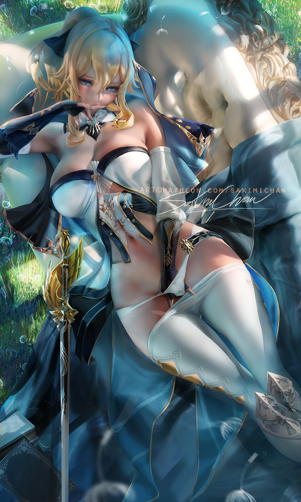 1girls, big breasts, boots, breasts, cleavage, female, female only, genshin impact, heel boots, high heel boots, jean gunnhildr, large breasts, masturbation, panties, sakimichan, solo, thighhighs