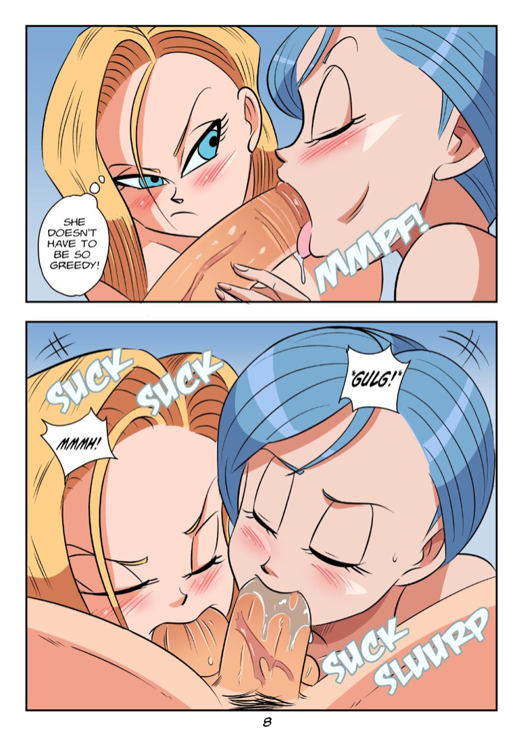 1boy, 2girls, android 18, ass, balls, balls sucking, blonde hair, blue eyes, blue hair, breasts, bulma briefs, comic, dialogue, dragon ball, dragon ball super, dragon ball z, english text, female, female focus, funsexydragonball, huge breasts, interspecies, male, oral, page 8, pubic hair, sex, shounen jump, text, threesome, vegeta
