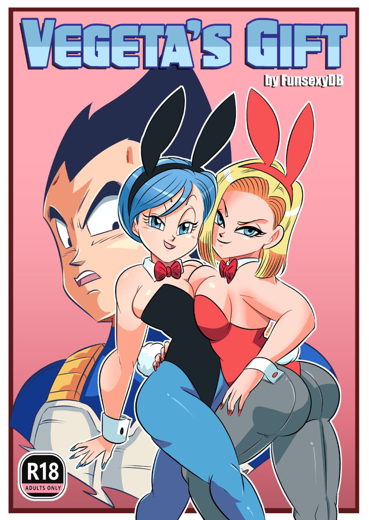1boy, 2girls, android 18, breasts, bulma briefs, bunnysuit, comic, comic cover, dragon ball, dragon ball super, dragon ball z, female, funsexydragonball, huge breasts, male, shounen jump, vegeta