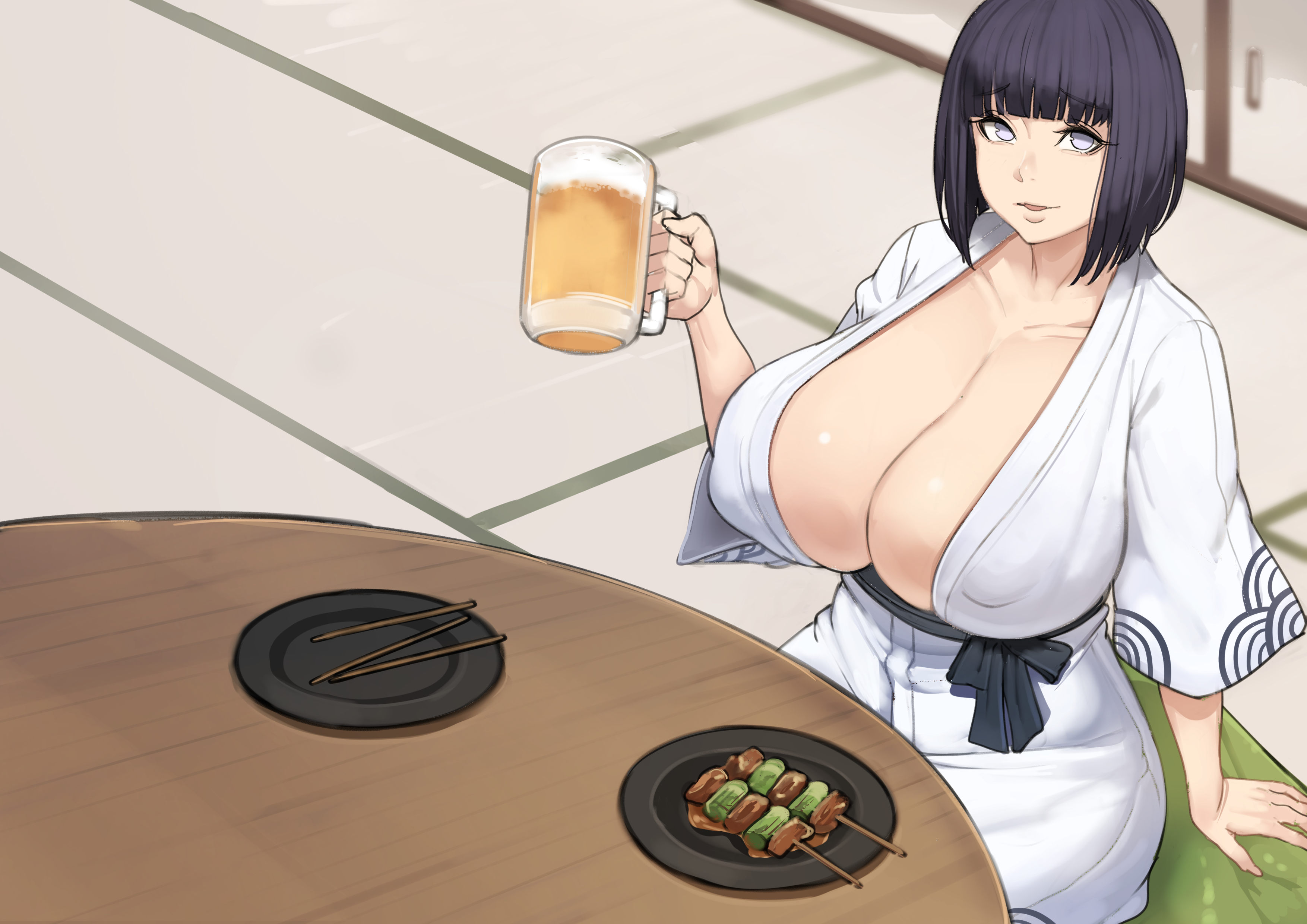 1girls, absurd res, alcohol, alternate breast size, beer, big breasts, blue eyes, blue hair, blush, bob cut, boruto: naruto next generations, breasts, breasts bigger than head, cleavage, clothing, curvaceous, drink, drinking, english, female, female only, fully clothed, hi res, huge breasts, hyuuga hinata, kimono, large breasts, metal owl, milf, naruto, naruto (series), naruto shippuden, naughty face, nipple bulge, open mouth, purple eyes, purple hair, short hair, shorts, sitting, smile, smooth skin, sweat, sweatdrop, table, text, thick thighs, thighs, tongue, tongue out, uzumaki hinata, white eyes