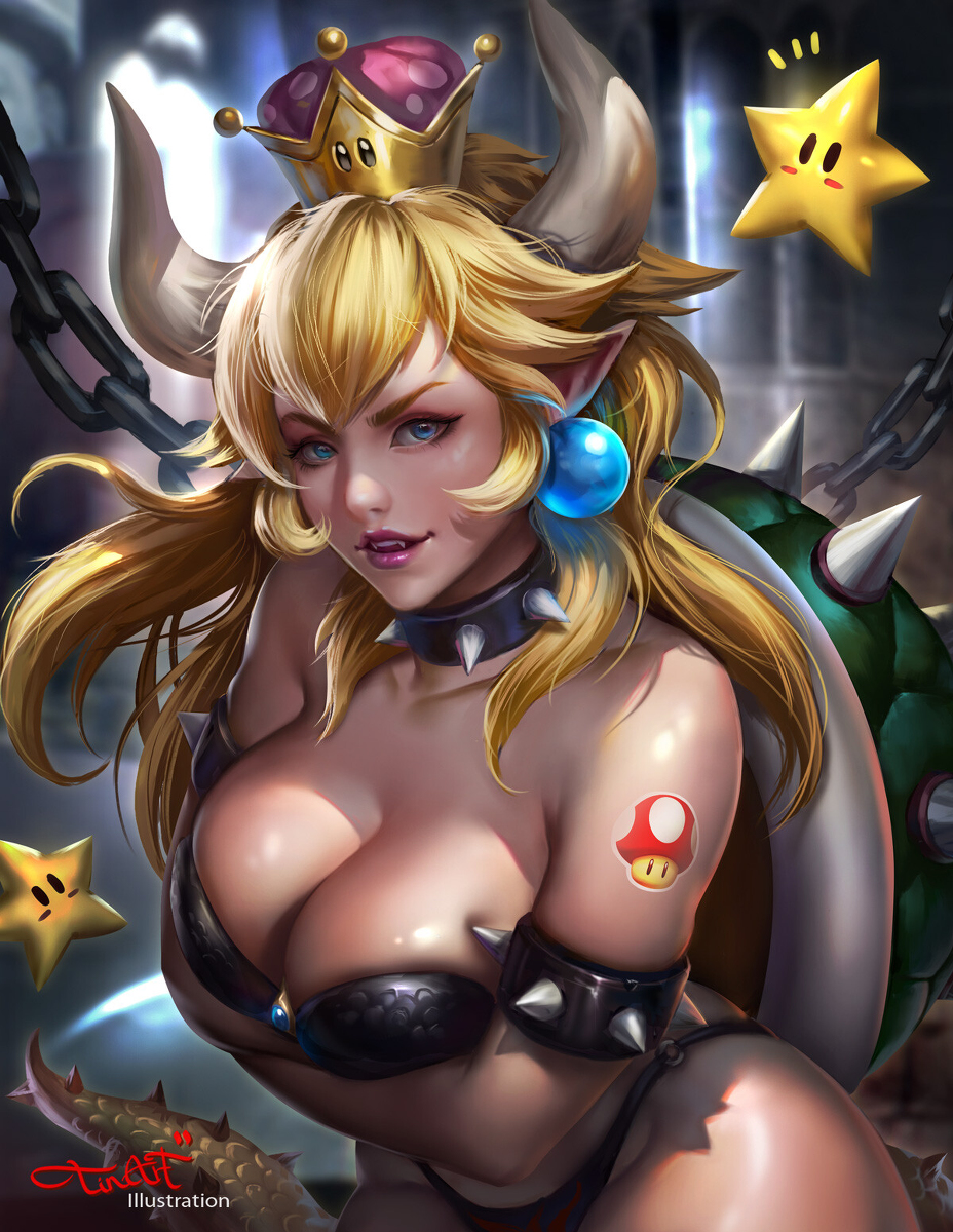 1girls armband armwear bangs big_breasts big_earrings bikini_bottom bikini_top black_bikini blonde_hair blue_eyes bowsette bra breasts btinart cleavage crown deep_cleavage fangs grin long_hair looking_at_viewer mario_(series) mischievous new_super_mario_bros._u_deluxe panties pointy_ears realistic sharp_teeth solo solo_female sticker tagme tail turtle_shell