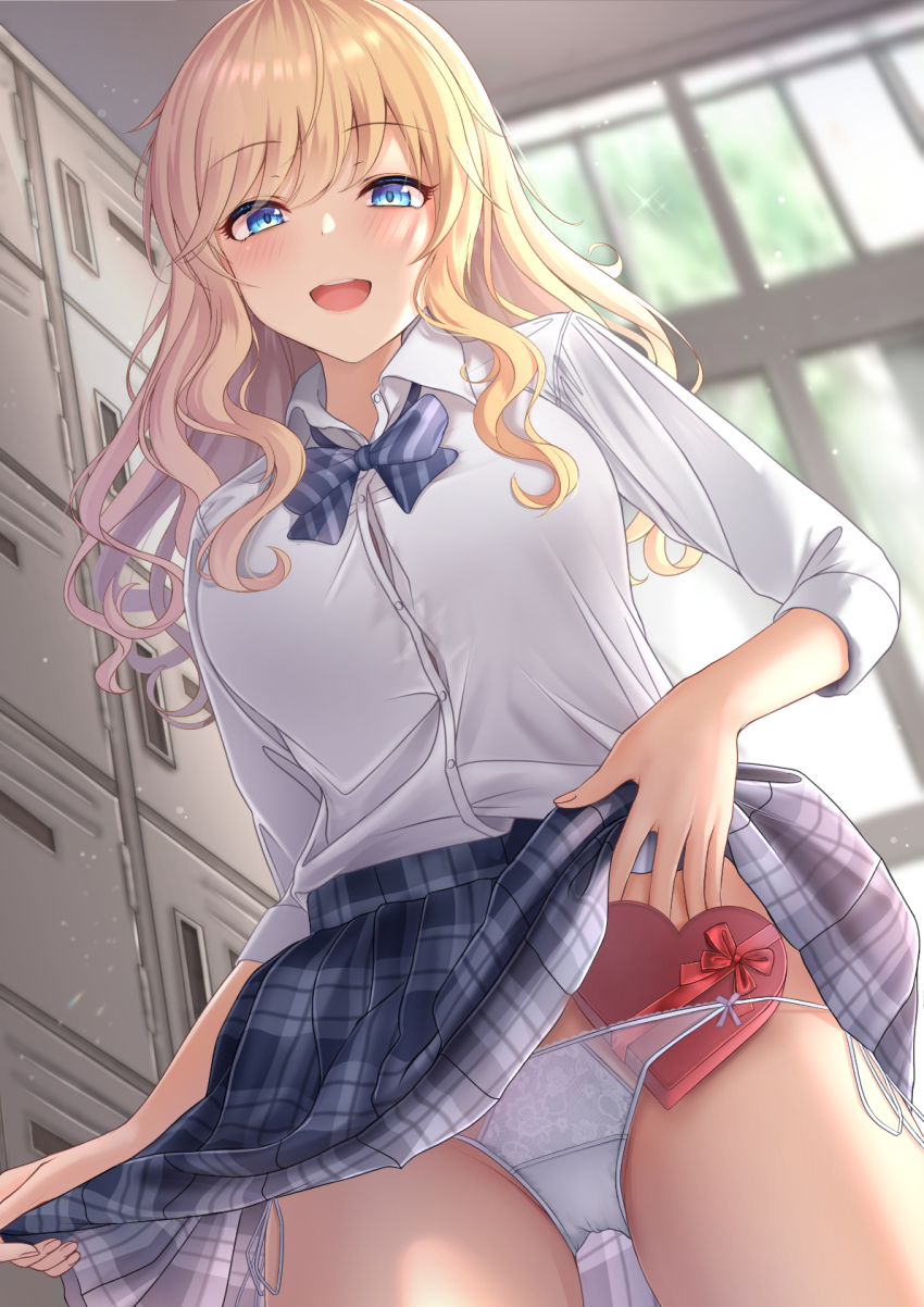 :d, 1girls, blonde hair, blue eyes, blue skirt, bow, bowtie, box, breasts, button gap, collared shirt, cowboy shot, female, heart-shaped box, highres, idolmaster, idolmaster cinderella girls, lifted by self, long hair, long sleeves, looking at viewer, medium breasts, monaka curl, ohtsuki yui, ootsuki yui, open mouth, panties, plaid, plaid skirt, pleated skirt, school uniform, see-through, shirt, side-tie panties, skirt, skirt lift, skirt lifted by self, smile, solo, string panties, thighs, underwear, valentine, wavy hair, white panties, white shirt