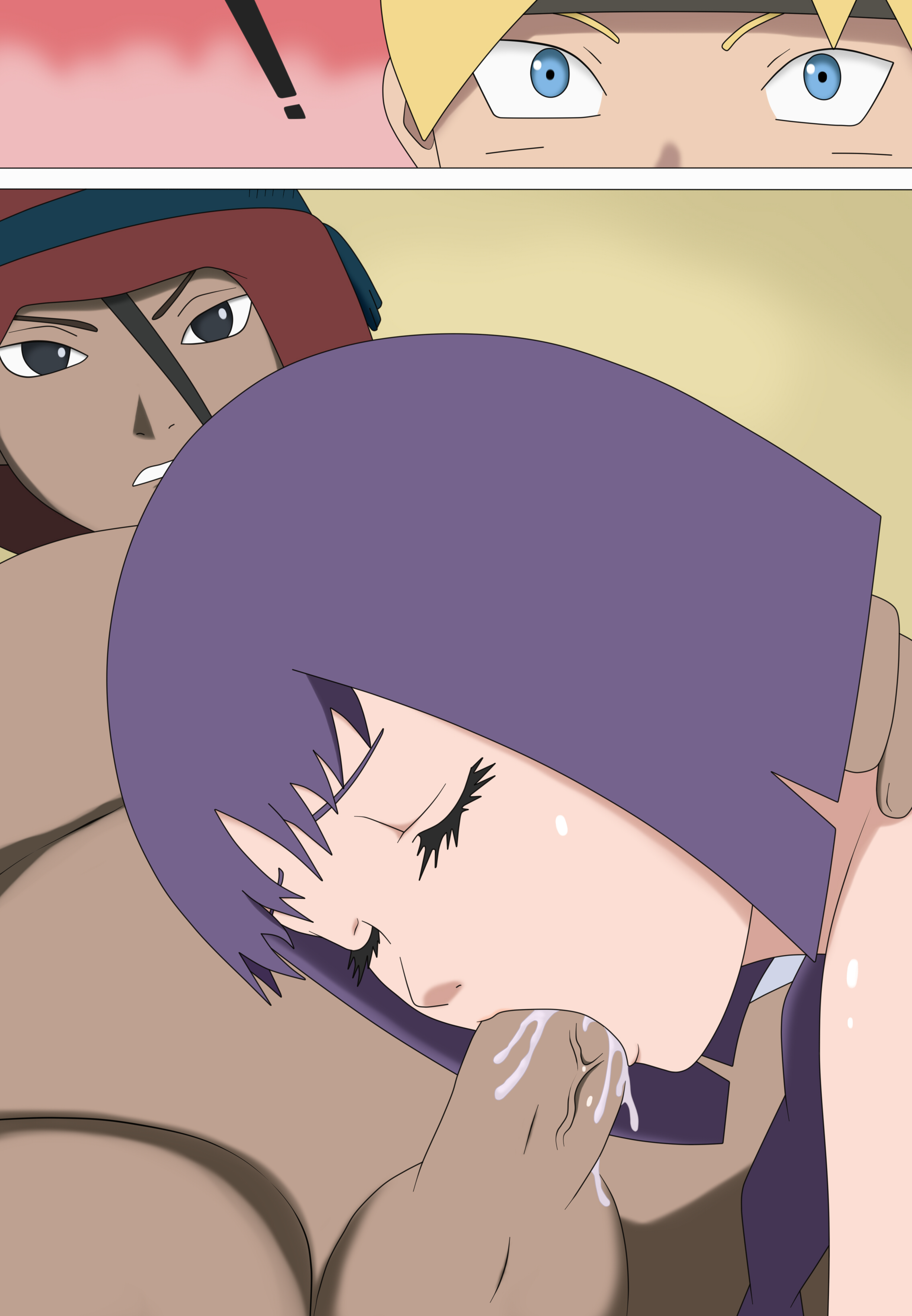 !, 1girls, 2boys, bangs, black eyes, blowjob, blunt bangs, boruto: naruto next generations, brown hair, cap, caught, caught in the act, closed eyes, cristalmanor, cum, cum in mouth, cumdrip, fellatio, female, forced, forced oral, hand on neck, headwear, human, kakei sumire, male, multiple boys, multiple males, naked, naruto, naruto (series), oral, penis, penis in mouth, purple hair, surprised, tied hair, uzumaki boruto, yellow hair, yuino iwabee