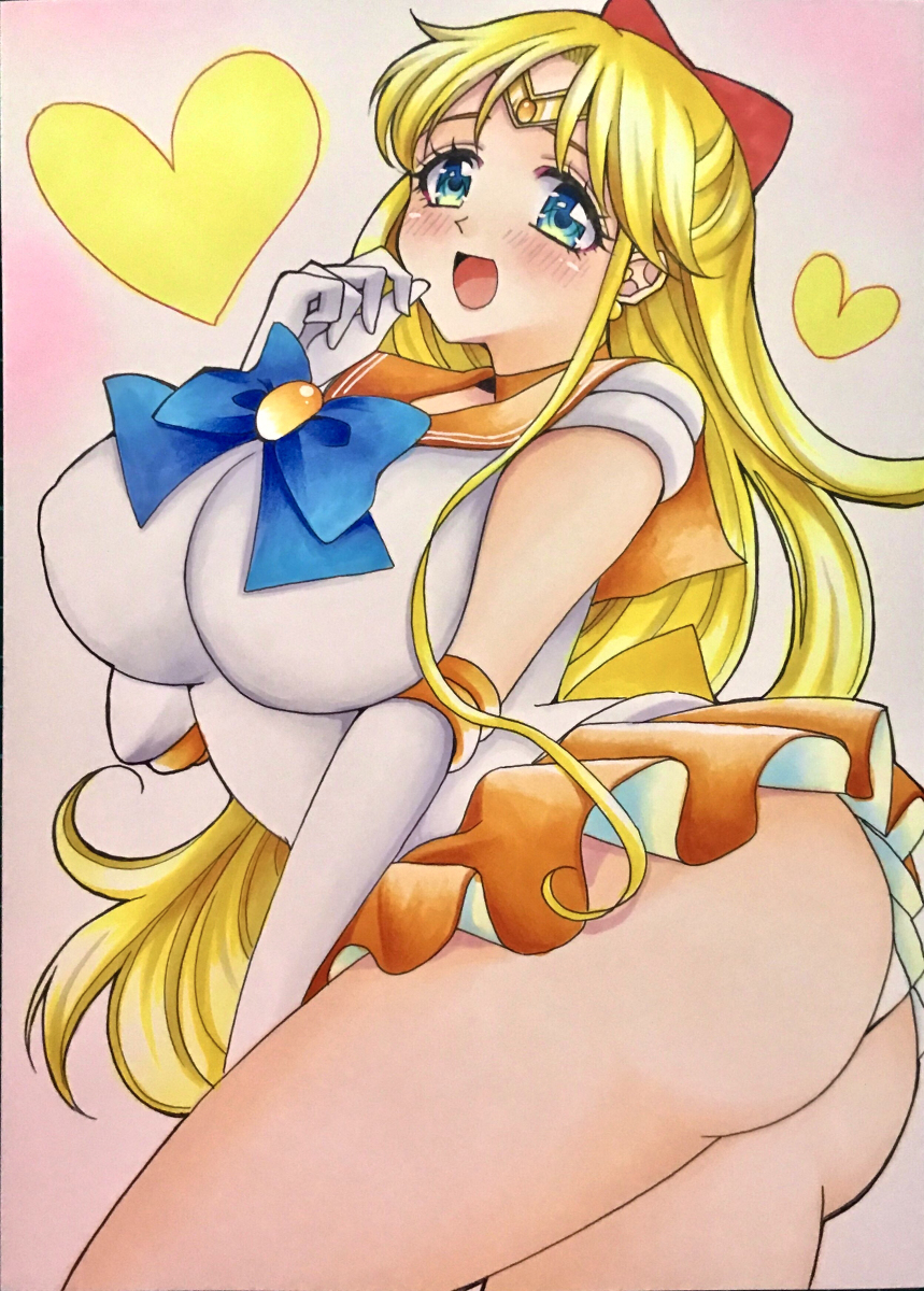 1girls, ass, big ass, big breasts, bishoujo senshi sailor moon, blonde hair, blue eyes, bow, breasts, clothed, clothing, curvy, elbow gloves, female, female only, gloves, hairbow, hanazono hinata, huge breasts, large breasts, leotard, long hair, minako aino, sailor venus, serafuku, short skirt, skirt, smile, solo, solo female, thick thighs, tiara, tight clothing, uniform, upskirt, voluptuous