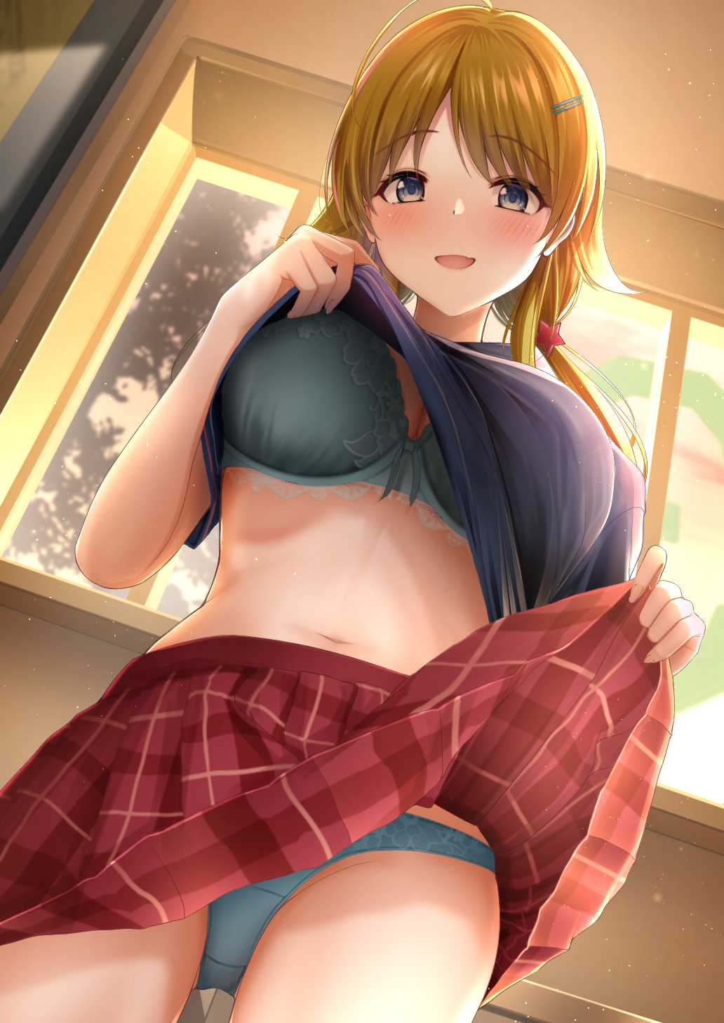 1girls, ahoge, bangs, blonde hair, blue bra, blue eyes, blue panties, blue shirt, blush, bra, breasts, clothing, eyebrows visible through hair, female, hachimiya meguru, hair ornament, hairclip, happy, highres, idolmaster, idolmaster shiny colors, large breasts, lifted by self, long hair, looking at viewer, low twintails, matching underwear, miniskirt, monaka curl, navel, open mouth, panties, plaid, plaid skirt, pleated skirt, polo shirt, purple shirt, red skirt, school uniform, shirt, shirt lift, skirt, skirt lift, smile, solo, twintails, underwear, upskirt