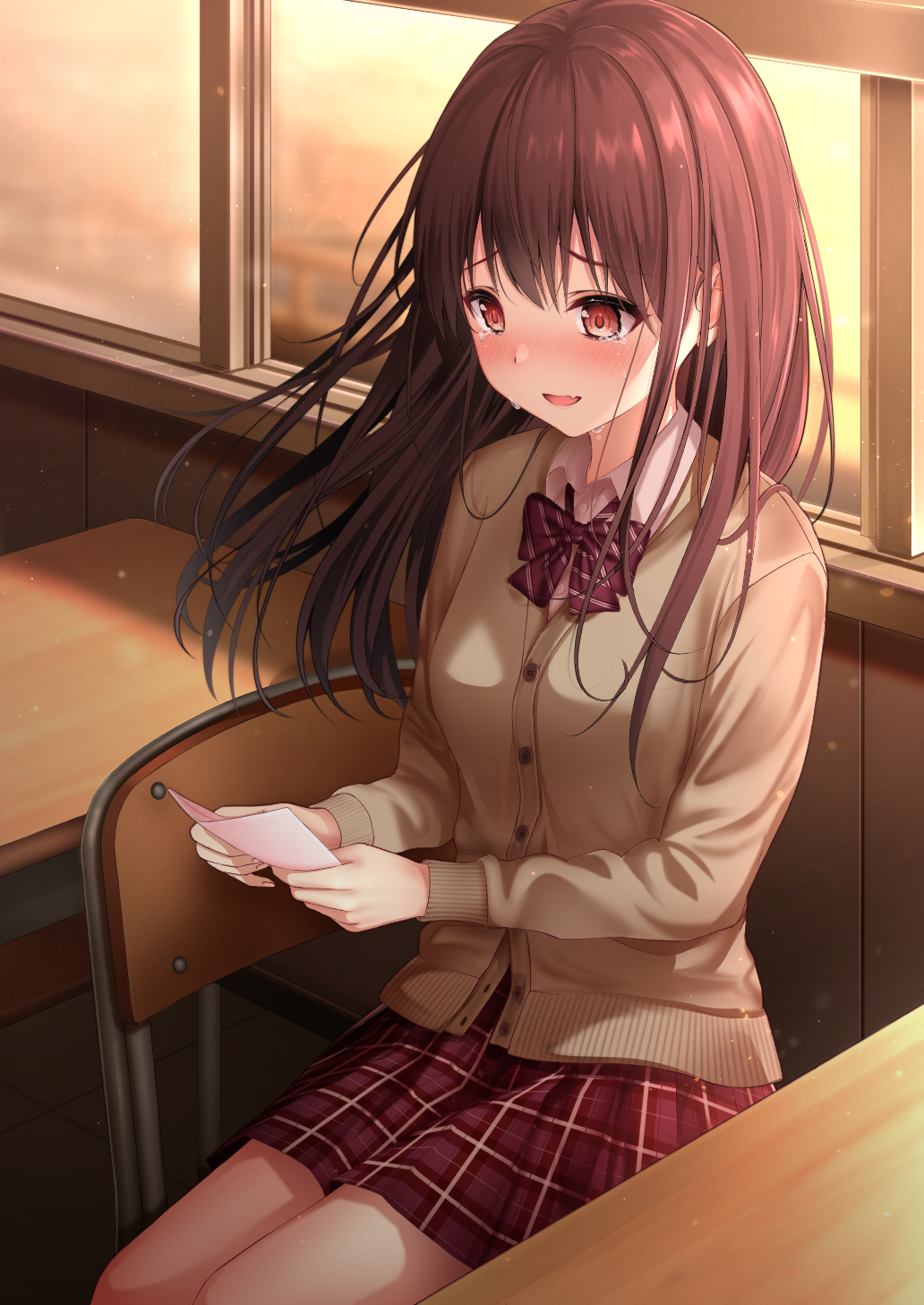 :d, blush, bow, bowtie, breasts, brown cardigan, brown hair, cardigan, chair, commentary request, crying, crying with eyes open, desk, female, highres, holding, indoors, long hair, long sleeves, medium breasts, miniskirt, monaka curl, open mouth, original, pleated skirt, purple bow, purple neckwear, purple skirt, reading, red eyes, school chair, school desk, school uniform, sitting, skin fang, skirt, smile, solo, striped, striped bow, striped neckwear, tears, window, wing collar