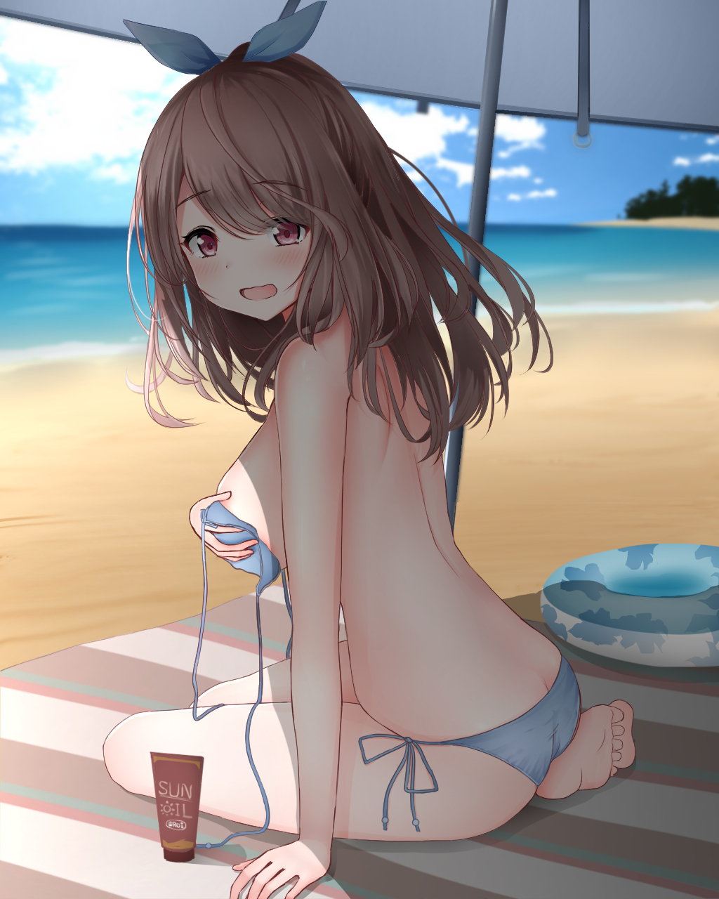 :d ass bangs beach beach_umbrella bikini blue_bikini blue_innertube blue_ribbon blue_sky breasts brown_eyes brown_hair butt_crack cloud cloudy_sky commentary_request covering covering_breasts day eyebrows_visible_through_hair female hair_between_eyes hair_ribbon highres horizon idolmaster idolmaster_shiny_colors innertube large_breasts long_hair lotion monaka_curl ocean open_mouth outdoors ribbon sand side-tie_bikini sky smile solo sunscreen swimsuit tsukioka_kogane umbrella untied untied_bikini water white_umbrella