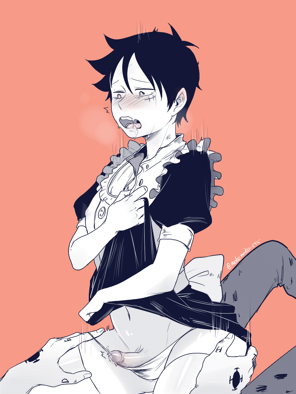 2boys, crossdressing, cum, drooling, femboy, gay, girly, maid, maid uniform, male, male only, monkey d luffy, one piece, precum, steamy breath, thighhighs, trafalgar law, trap, yaoi