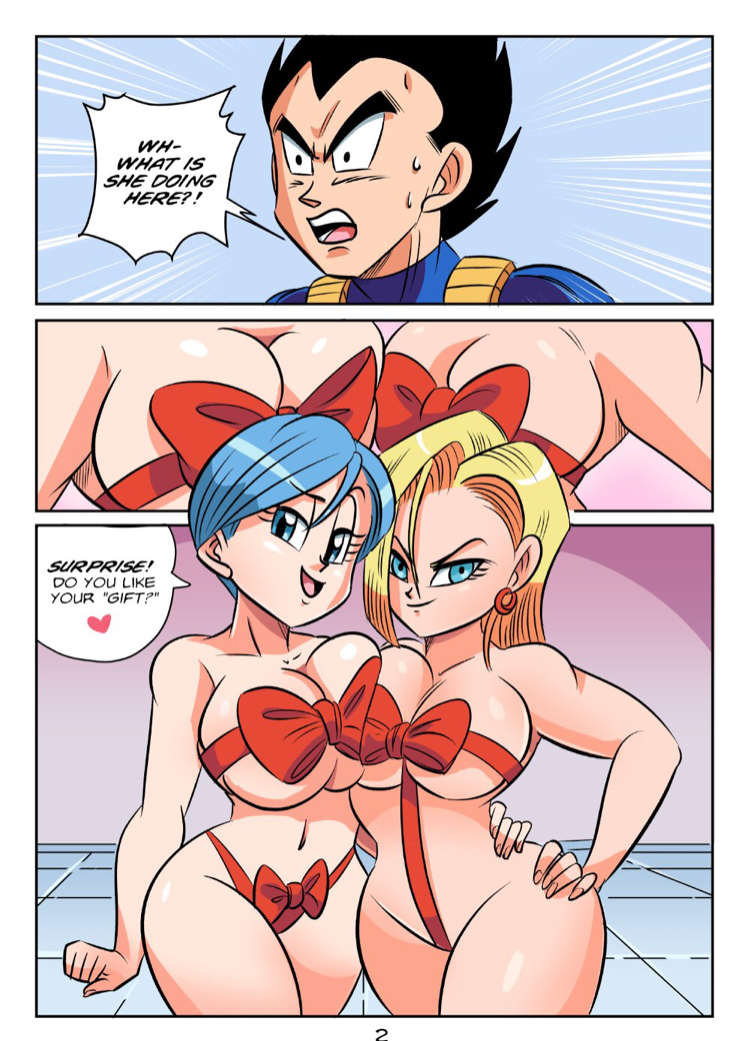 1boy, 2girls, android 18, ass, breast press, breasts, bulma briefs, cleavage, comic, dialogue, dragon ball, dragon ball super, dragon ball z, english text, female, female focus, funsexydragonball, gift, huge breasts, male, page 2, sex, shounen jump, text, vegeta