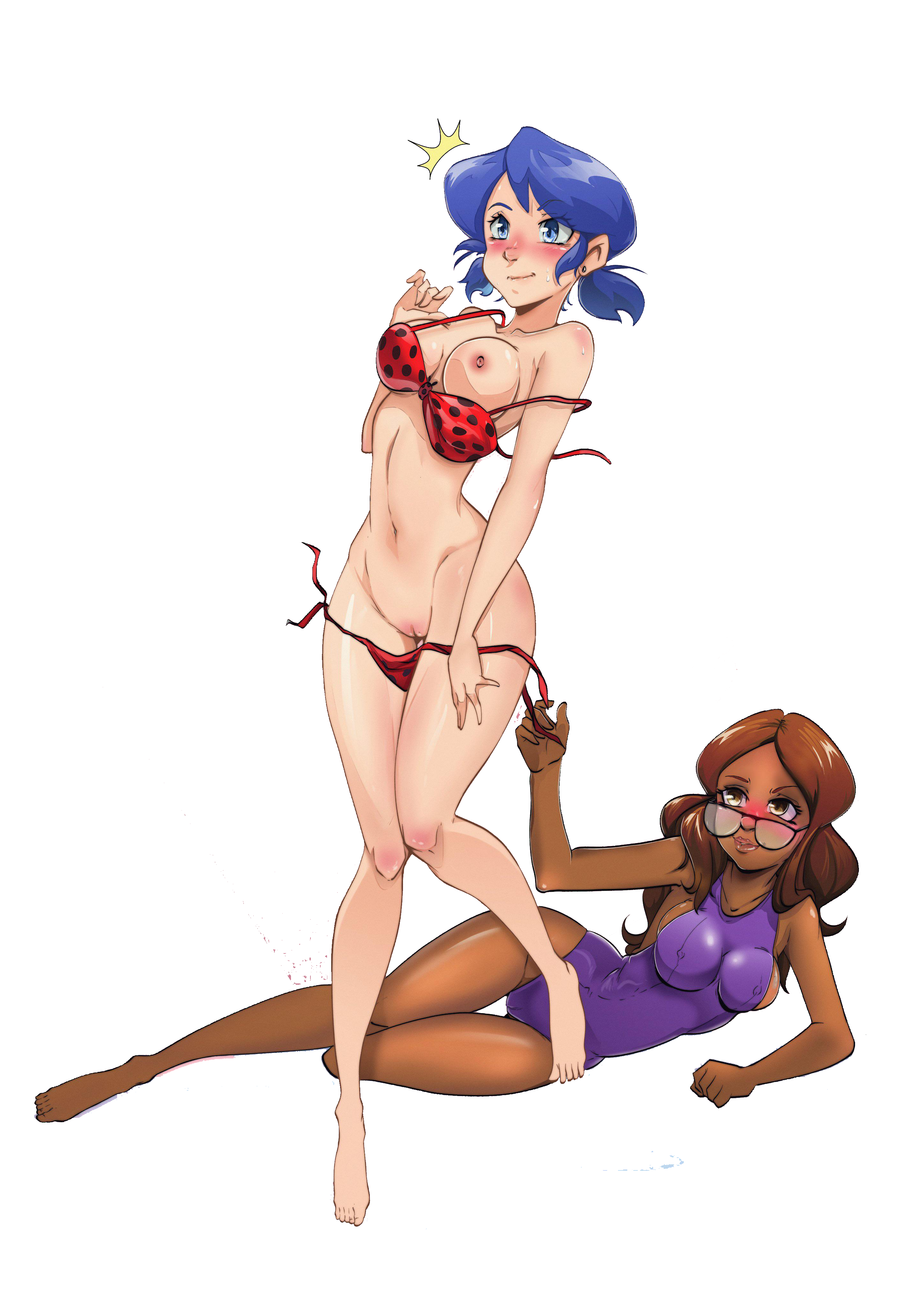 2girls, alya cesaire, assisted exposure, bikini, blush, breasts, delux, embarrassed, exposed, female, female only, glasses, hi res, high resolution, marinette cheng, marinette dupain-cheng, miraculous ladybug, multiple females, multiple girls, nipples, one-piece swimsuit, pussy, swimsuit, uncensored, undressing another, yuri