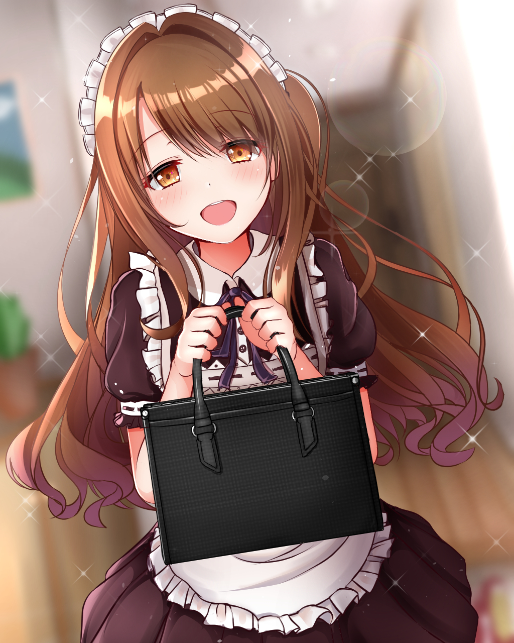 :d, 1girls, alternate costume, apron, bag, bangs, black dress, black ribbon, blurry, blurry background, blush, brown dress, brown hair, buttons, collared dress, commentary request, door, dress, dutch angle, enmaided, eyebrows visible through hair, female, frilled apron, frills, hair between eyes, hair intakes, half-closed eyes, hallway, hands up, highres, holding, idolmaster, idolmaster cinderella girls, idolmaster cinderella girls starlight stage, indoors, lens flare, long hair, looking at viewer, maid, maid headdress, monaka curl, neck ribbon, one side up, open mouth, orange eyes, photo (object), plant, potted plant, puffy short sleeves, puffy sleeves, ribbon, round teeth, shimamura uzuki, shiny, shiny hair, short sleeves, sidelocks, smile, solo, sparkle, swept bangs, tareme, teeth, white apron, wooden floor