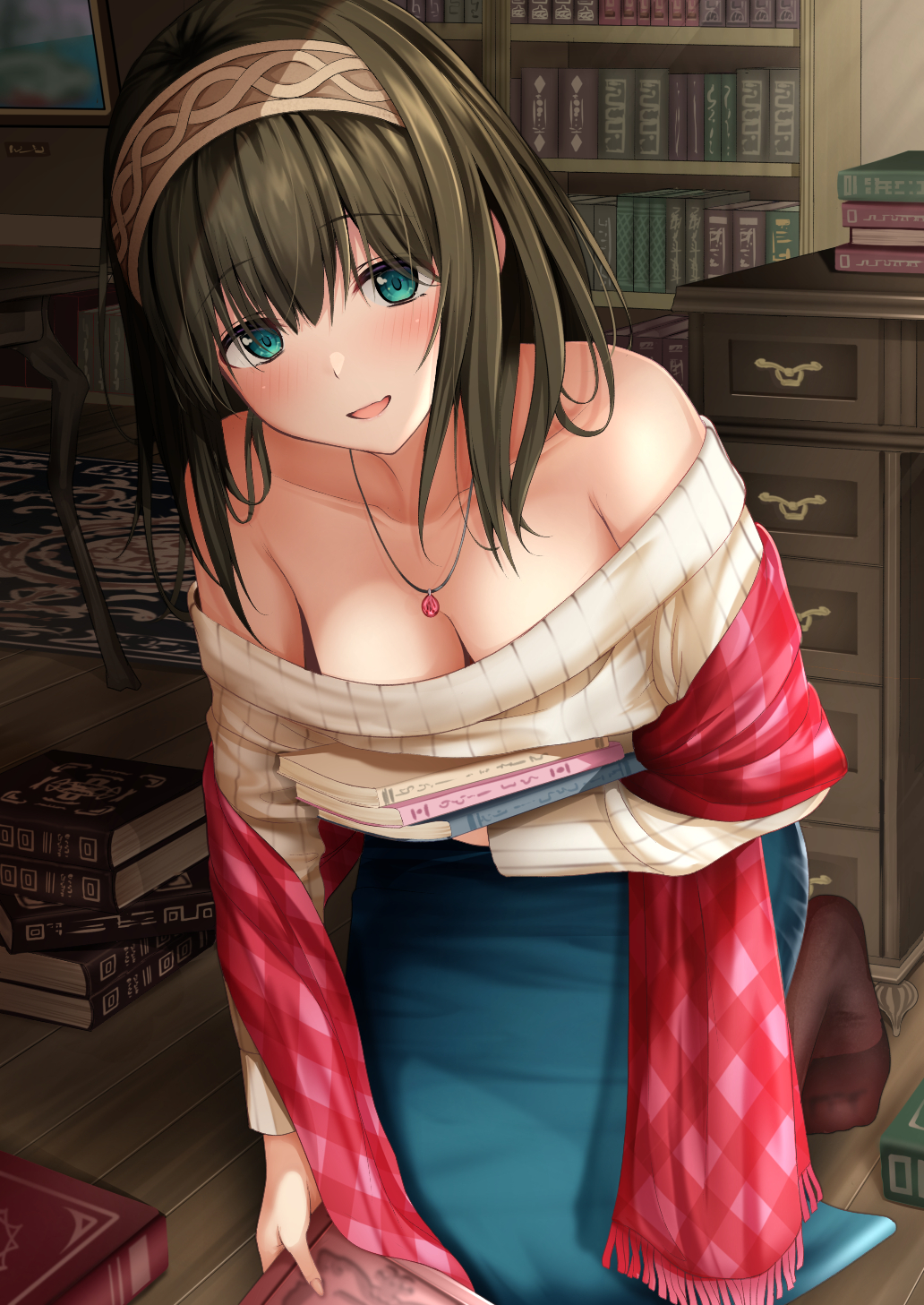 :d, 1girls, aqua eyes, bangs, bare shoulders, black legwear, blue skirt, blush, book, book stack, bookshelf, breasts, brown hair, brown hairband, carpet, cleavage, clothing, collarbone, commentary request, desk, downblouse, eyebrows visible through hair, female, full body, hairband, hanging breasts, highres, holding, holding book, idolmaster, idolmaster cinderella girls, indoors, kneeling, leaning forward, long hair, long skirt, long sleeves, medium breasts, monaka curl, no shoes, oerba yun fang, off shoulder, off-shoulder sweater, on floor, open mouth, pantyhose, plaid, sagisawa fumika, shawl, shirt, skin fang, skirt, smile, solo, sweater, white sweater, wooden floor