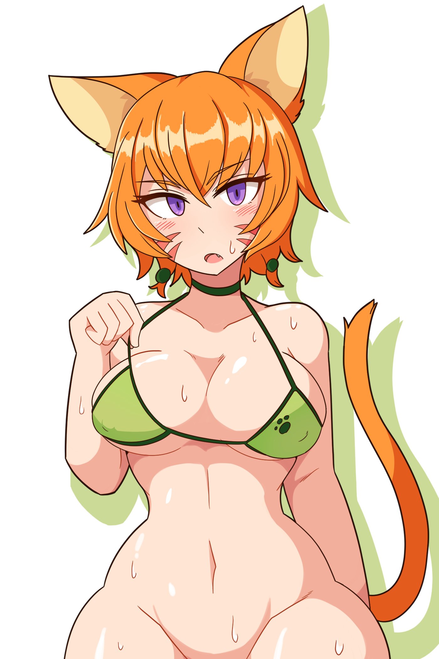 1girls animal_ears bikini blush bottomless breasts cat_ears cat_tail catgirl facial_mark fangs female female_only fire_emblem fire_emblem:_path_of_radiance fire_emblem:_radiant_dawn hourglass_figure laguz_(race) lethe_(fire_emblem) navel orange_hair purple_eyes solo standing sweat tail vadaboob white_background