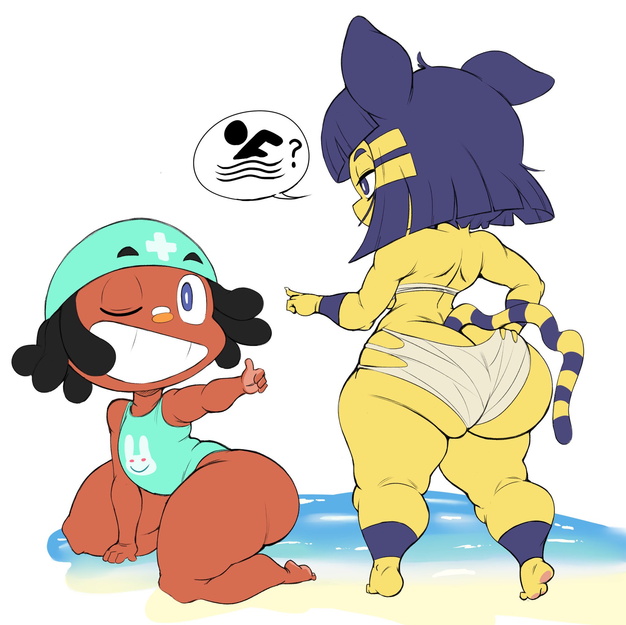 1boy, 1girls, animal crossing, ankha, ass, ass cleavage, ass crack, ass focus, big ass, black hair, blue eyes, blue hair, bottom heavy, butt crack, cushion (purple yoshi draws), dark skin, dark-skinned male, egyptian, feline, female, male, nintendo, one-piece swimsuit, purple yoshi draws, shortstack, simple background, striped tail, tail, thick thighs, tight clothing, yellow skin
