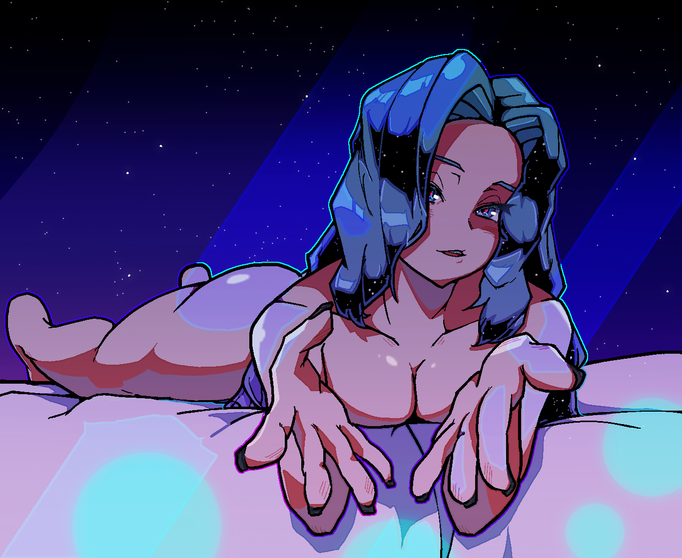 2049 (artist), ass, big ass, big breasts, blue hair, blush, breasts, cleavage, covered nipples, elite four, female, fingernails, karen (pokemon), laying on bed, looking at viewer, naked, night, pokemon, pokemon gsc, reaching out, silver hair, solo, stars, tagme