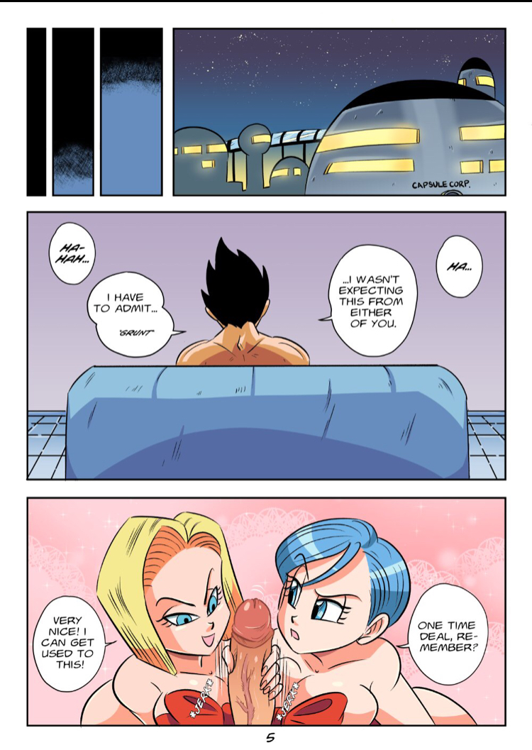 1boy, 2girls, android 18, ass, blonde hair, blue eyes, blue hair, breasts, bulma briefs, comic, dialogue, dragon ball, dragon ball super, dragon ball z, english text, female, female focus, funsexydragonball, handjob, huge breasts, interspecies, male, page 5, sex, shounen jump, text, threesome, vegeta