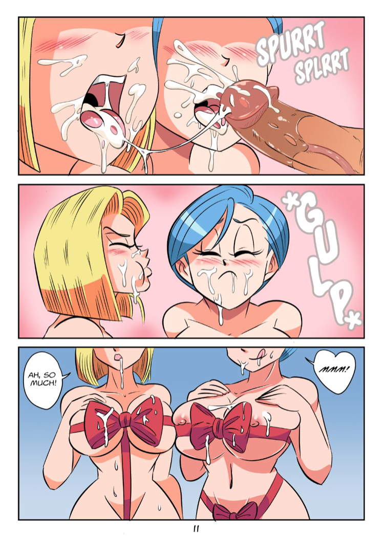 1boy, 2girls, android 18, ass, blonde hair, blue eyes, blue hair, breasts, bulma briefs, bursting breasts, comic, cum, cum in mouth, cum on face, cum swallow, dialogue, dragon ball, dragon ball super, dragon ball z, english text, female, female focus, funsexydragonball, gulp, huge breasts, interspecies, male, nipple slip, page 11, sex, shounen jump, swallowing, text, threesome, vegeta