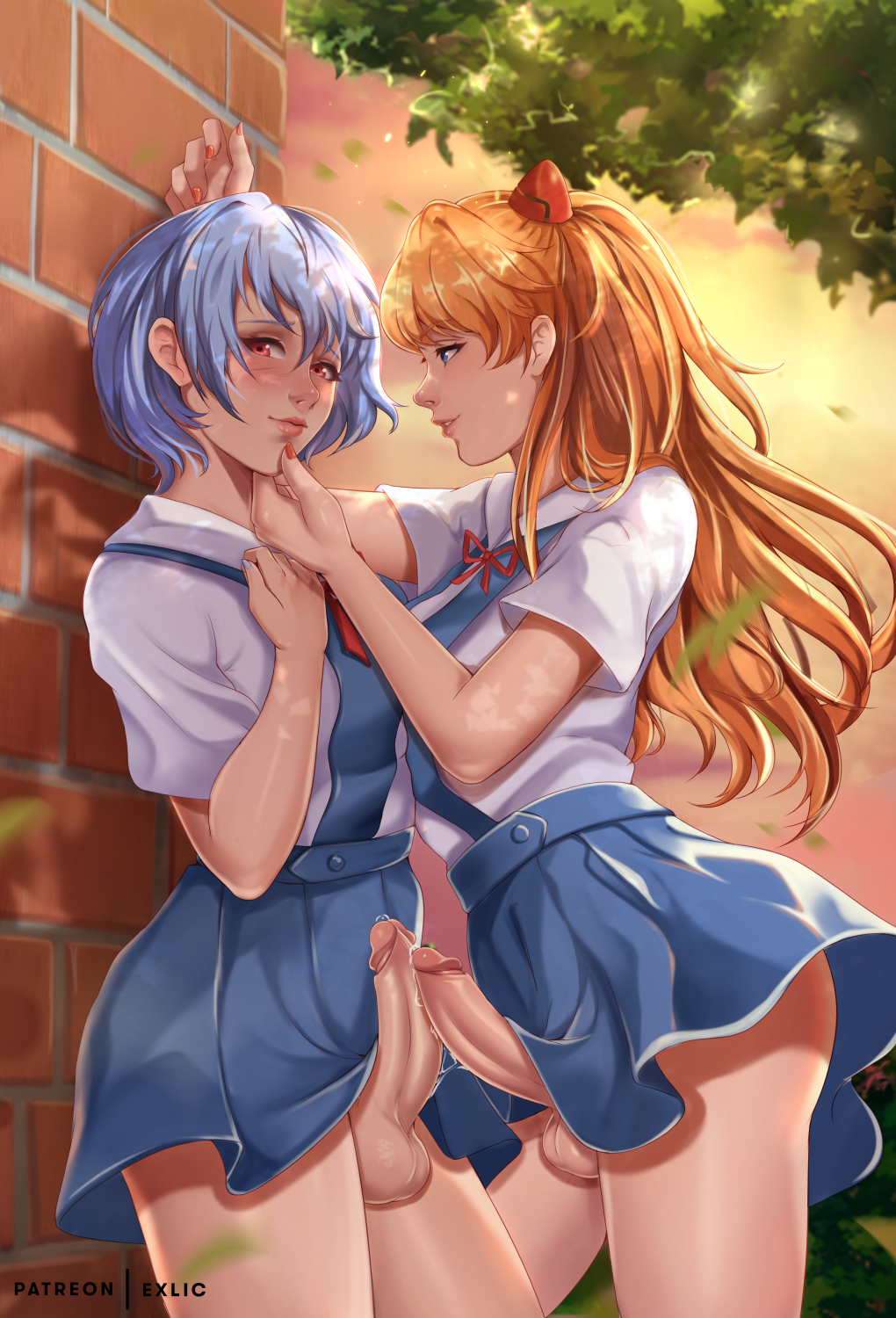 2futas, asuka langley sohryu, balls, blush, breasts, casual exposure, clothed, clothing, cum, duo, erection, erection under skirt, exlic, exposed, exposed penis, frottage, futa on futa, futa only, futanari, hairless balls, hairless penis, happy sex, horny, human, intersex, light skin, mostly clothed, multiple futa, neon genesis evangelion, outdoors, outside, pale skin, penis, penises touching, precum, public, public exposure, rei ayanami, school uniform, skirt, smiling, smiling at partner, standing, testicles, thick thighs