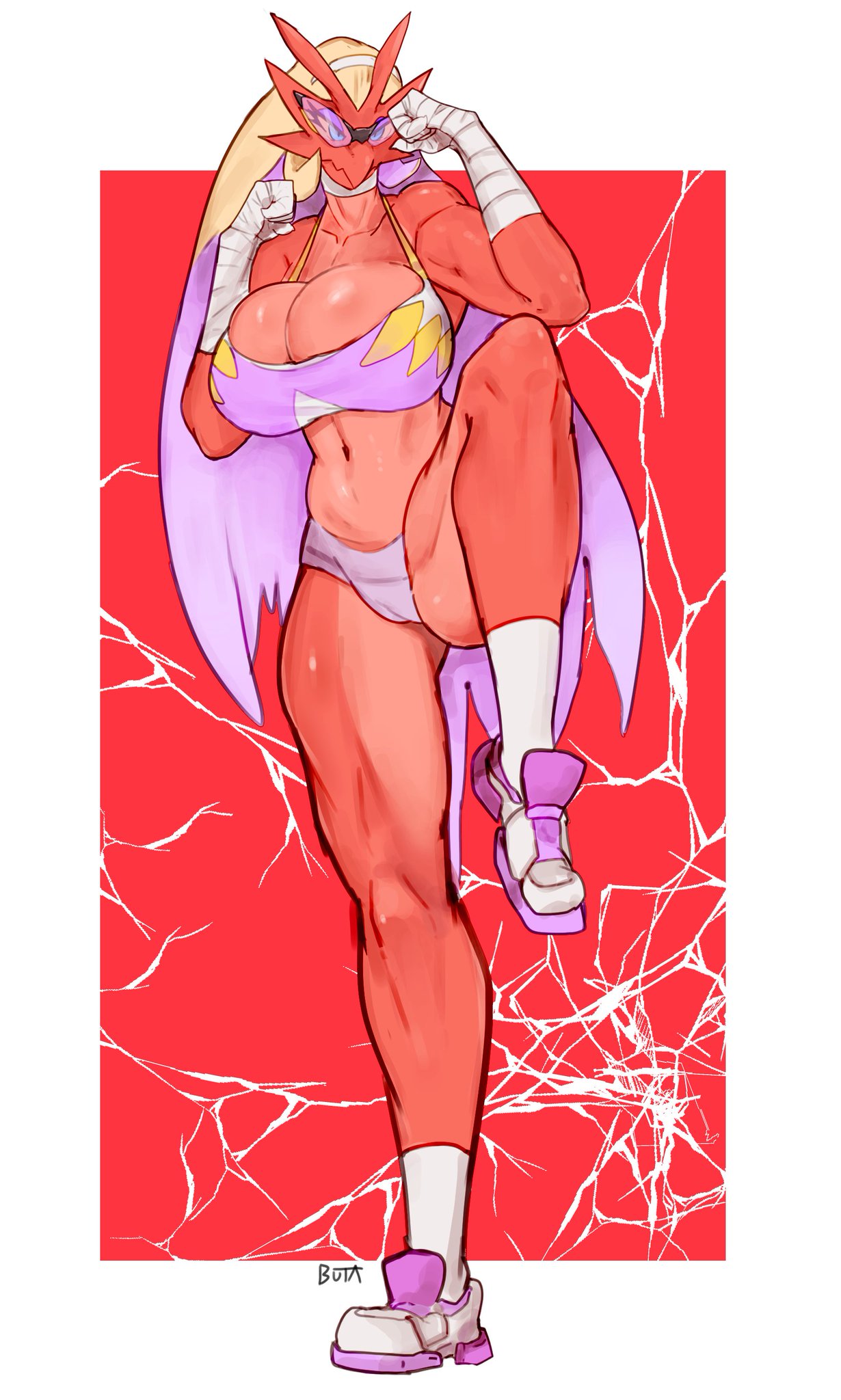 1girls, 2021, 4 fingers, anthro, anthrofied, avian, belly, big breasts, bikini, blaziken, blonde hair, boobs, breasts, buta99, cleavage, clothed, clothing, covered breasts, female, female only, female pokemon, full body, fur, furry, furry only, highres, hips, huge breasts, large breasts, nintendo, pokemon, pokemon (species), shoes, smooth skin, solo, solo female, sunglasses, thick, thick thighs, thighs, wide hips