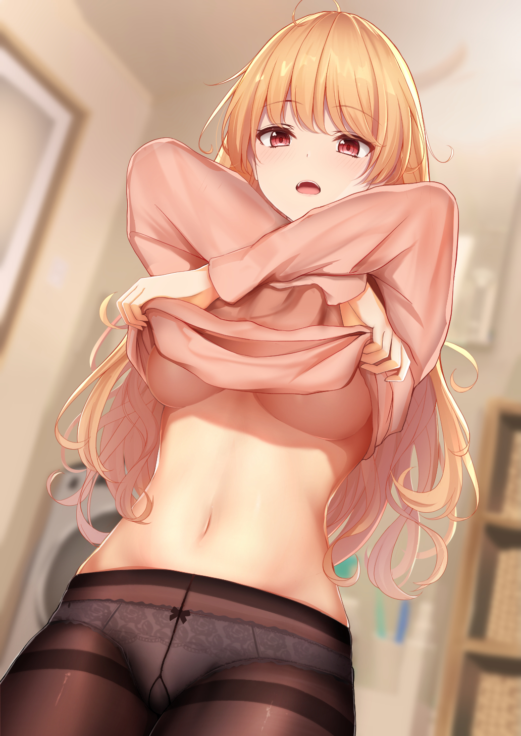 1girls, ahoge, bathroom, beautiful, belly button, black legwear, black pantyhose, blonde hair, blurry, blurry background, books, bookshelf, breasts, brown legwear, commentary, cowboy shot, depth of field, eyebrows visible through hair, female, highres, indoors, large breasts, long hair, long sleeves, looking at viewer, monaka curl, navel, nipples, no bra, no pants, open mouth, original, panties, panties under pantyhose, pantsu, pantyhose, pink sweater, red eyes, shirt, smiling, solo, standing, stomach, thighband pantyhose, underboob, underwear, undressing, upper teeth, washing machine, white panties, wholesome