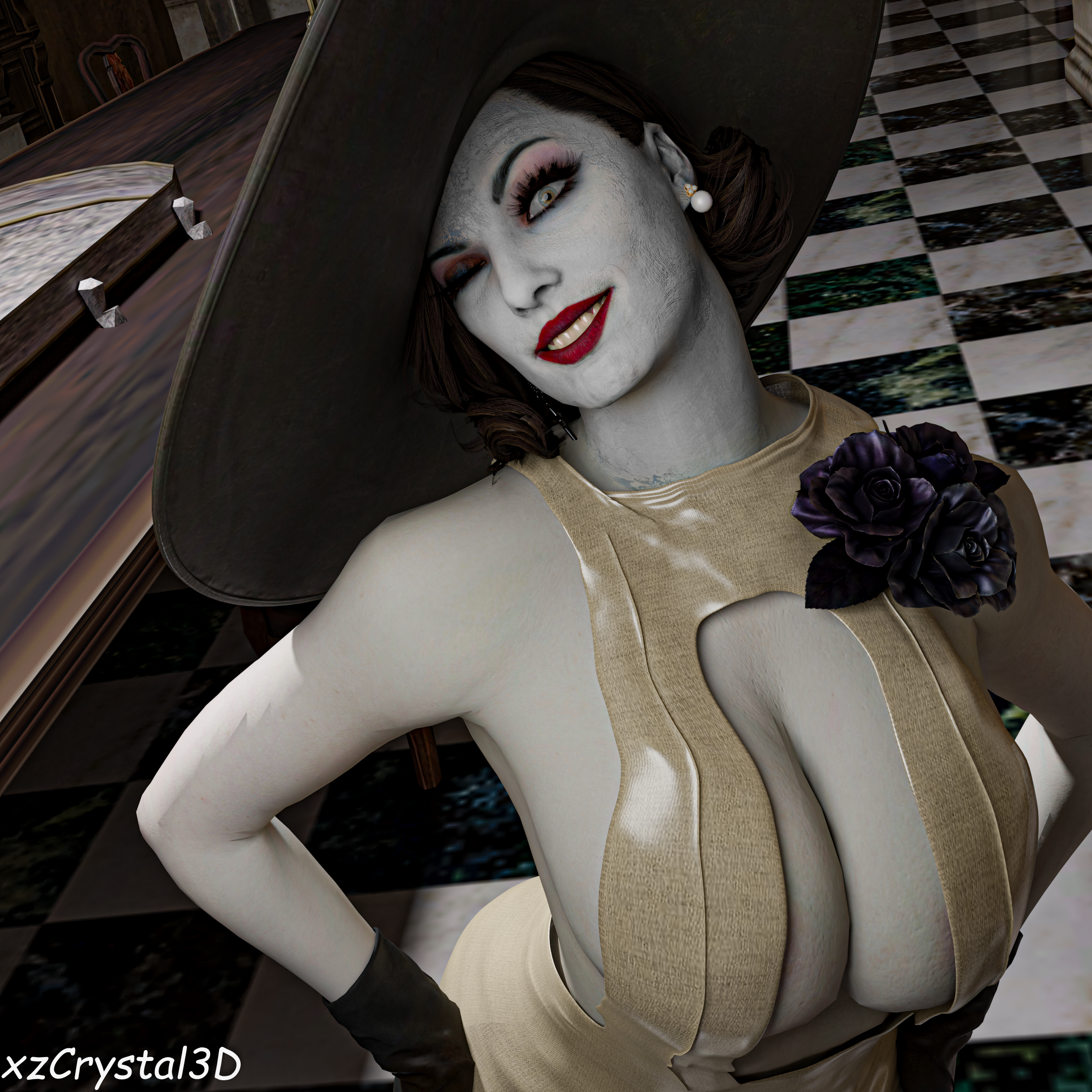 1girls, 3d, 3d (artwork), alcina dimitrescu, big breasts, blender, blender (software), breasts, capcom, cleavage, cleavage cutout, clothing, female, female only, hat, large breasts, light skin, light-skinned female, lipstick, looking at viewer, pale skin, pale-skinned female, red lipstick, resident evil, resident evil 8: village, smile, smiling, solo, xzcrystal3d