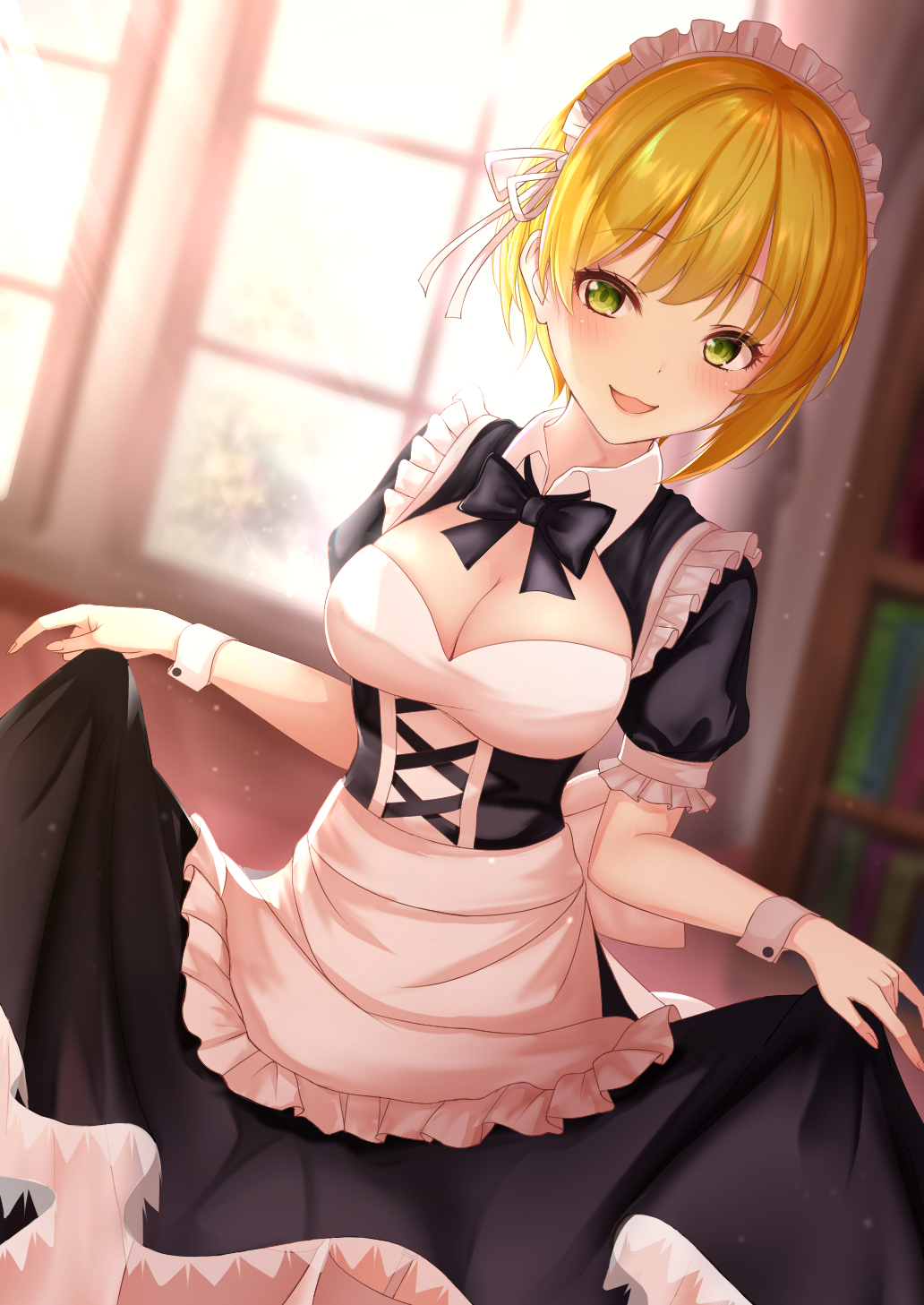 :d, apron, bangs, black bow, blonde hair, blush, bow, breasts, cleavage, commentary request, dress, eyebrows visible through hair, female, green eyes, highres, idolmaster, idolmaster cinderella girls, indoors, looking at viewer, maid, maid headdress, miyamoto frederica, monaka curl, open mouth, puffy short sleeves, puffy sleeves, short hair, short sleeves, smile, solo, very short hair, white apron, window, wrist cuffs