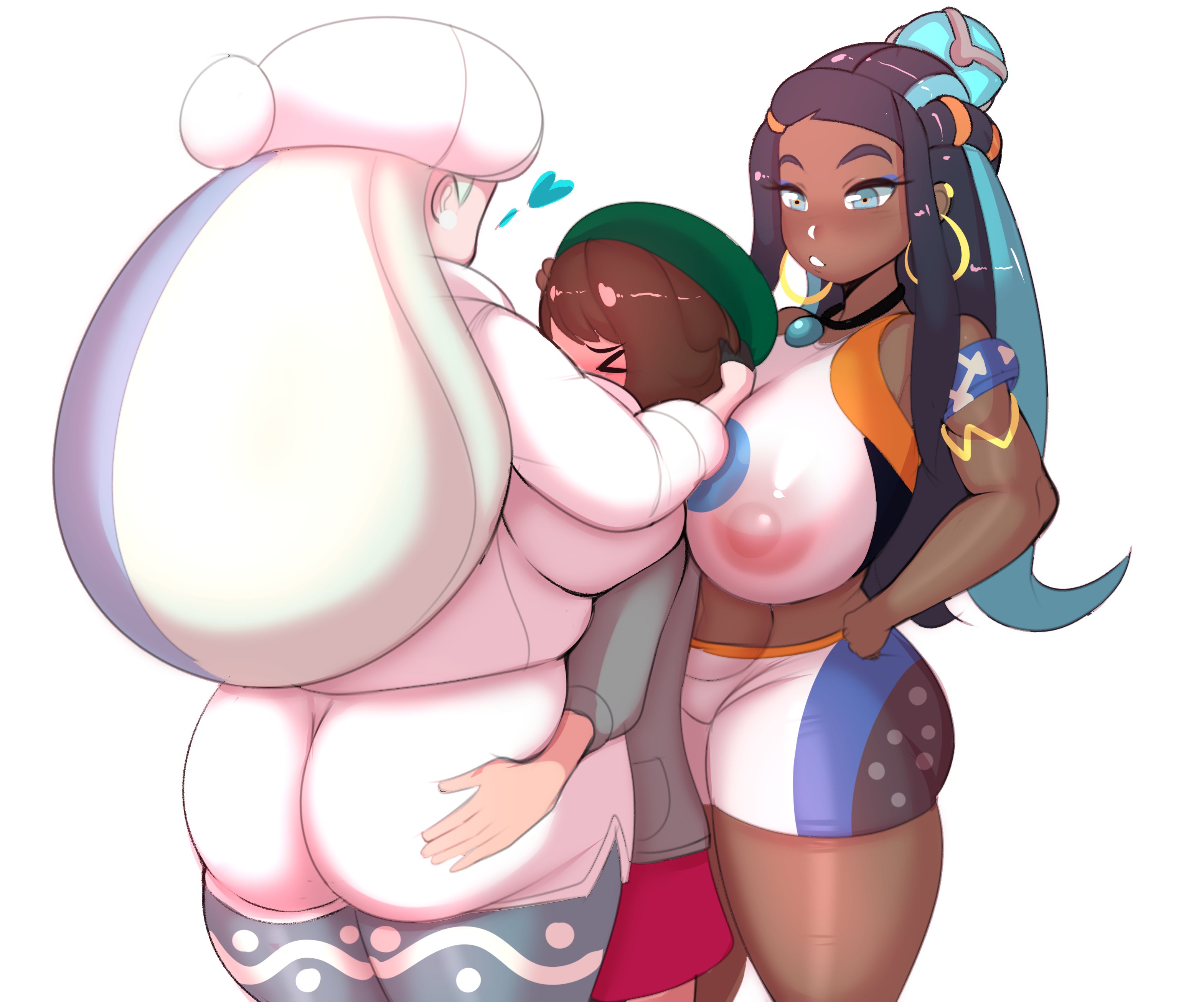 3girls, age difference, alternate breast size, areolae, ass, ass grab, ass grab from front, blush, breasts, chocolate and vanilla, dark skin, dark-skinned female, female, female only, fladdykin, gloria (pokemon), gym leader, huge ass, huge breasts, human, interracial, large breasts, lesbian, melony (pokemon), milf, nessa (pokemon), nintendo, nipples, older female, pokemon, pokemon ss, sandwiched, younger female, yuri