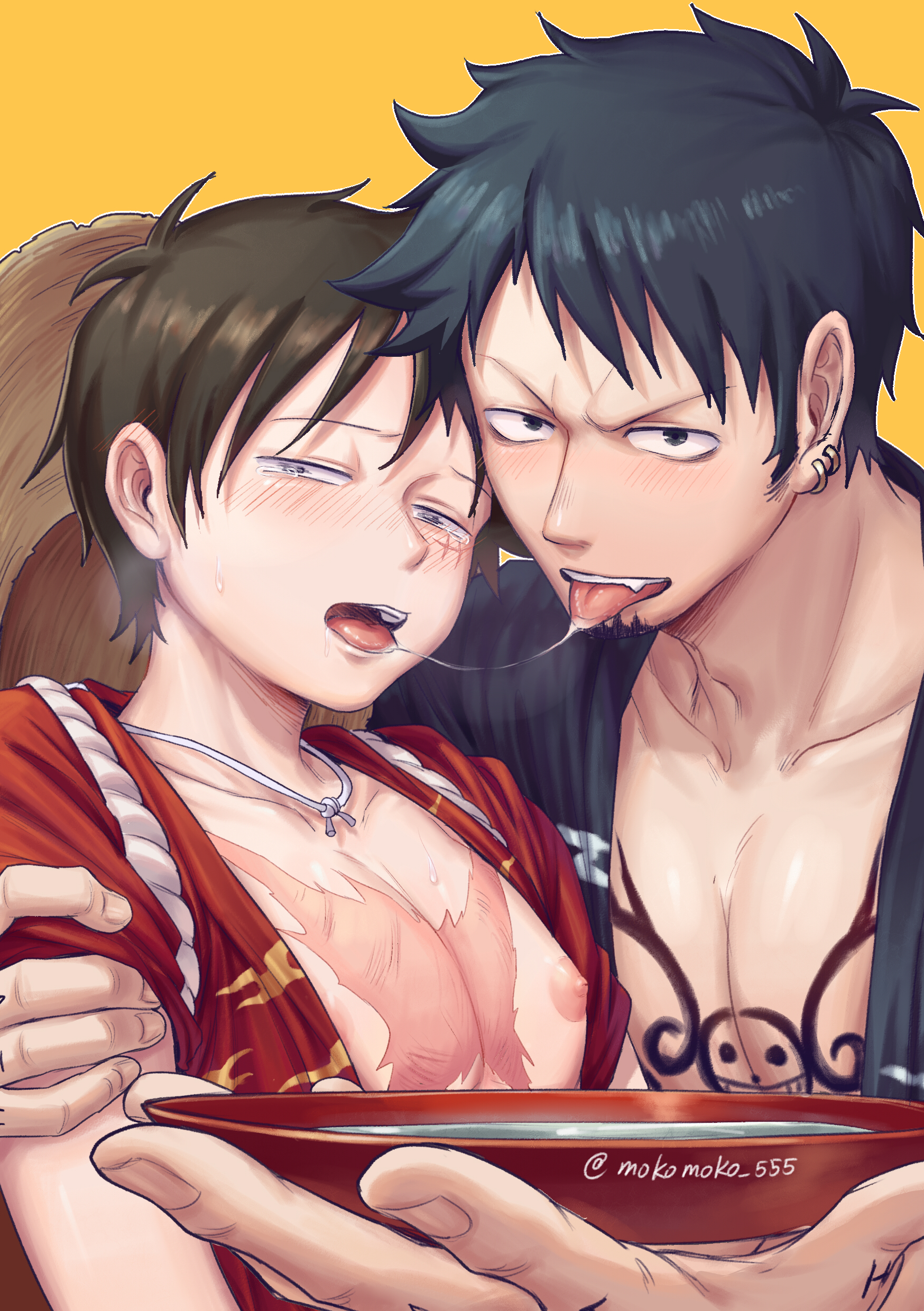 2boys, black hair, blush, chest tattoo, gay, japanese clothes, kimono, kissing, looking at viewer, male, male only, monkey d luffy, one piece, sakazuki, saliva, saliva trail, scar, trafalgar law, twink, yaoi