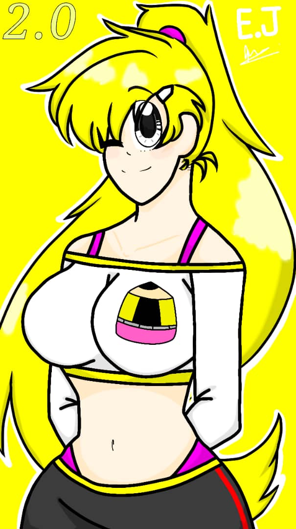 belly_button big_breasts big_nipples crop_top cute fanart huge_breasts juanila_(writers_crusaders) one_eye_closed solo_female wink writers_crusaders yellow_hair