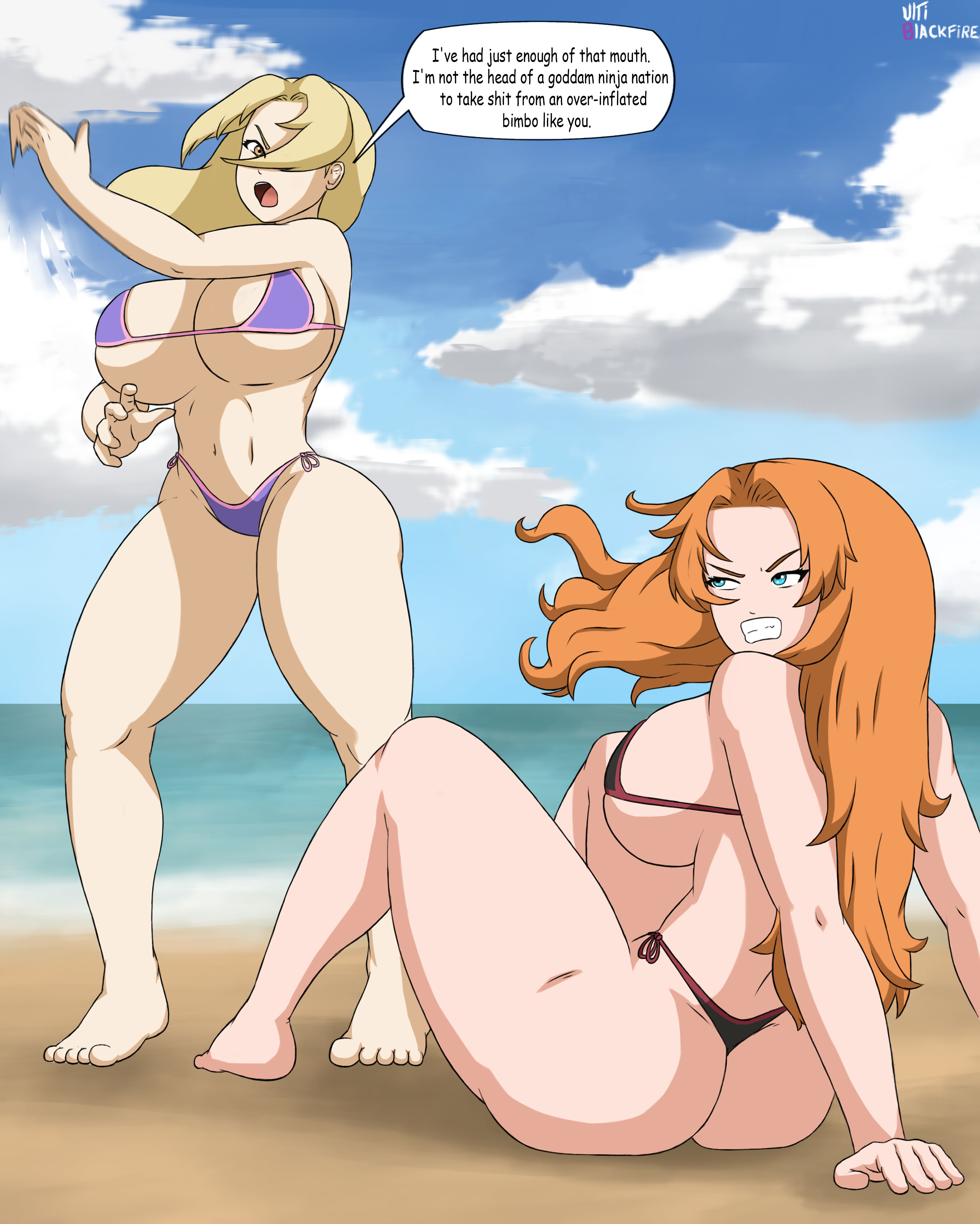 2girls, ass, barefoot, beach, big ass, big breasts, big butt, bikini, bikini top, bleach, blonde hair, blue eyes, breasts, brown eyes, bubble ass, bubble butt, busty, cleavage, clenched teeth, clothed, clothing, comic, crossover, curvaceous, curvy, curvy figure, dialogue, english text, feet, female, female focus, female only, g-string, gritted teeth, hourglass figure, large ass, large breasts, light skin, light-skinned female, matsumoto rangiku, mature, mature female, micro bikini, milf, naruto, naruto (series), naruto shippuden, ocean, open mouth, orange hair, outdoors, outside, pale skin, pale-skinned female, panties, revealing clothes, shounen jump, sideboob, sitting, speech bubble, standing, story, swimsuit, text, thick thighs, thighs, thong, thong bikini, toes, tsunade, ultiblackfire, underboob, voluptuous, wide hips, yellow hair