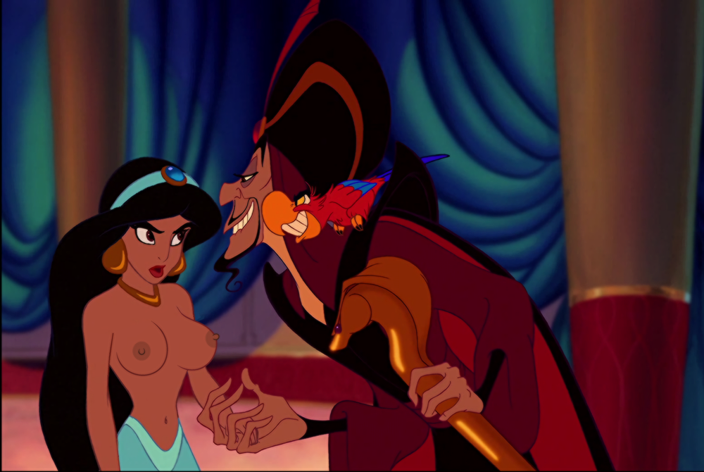 aladdin breasts clothed_male_nude_male disney disney_princess disney_villains erected_nipples iago jafar kuplo looking_at_another nipples princess_jasmine resisting restrained topless