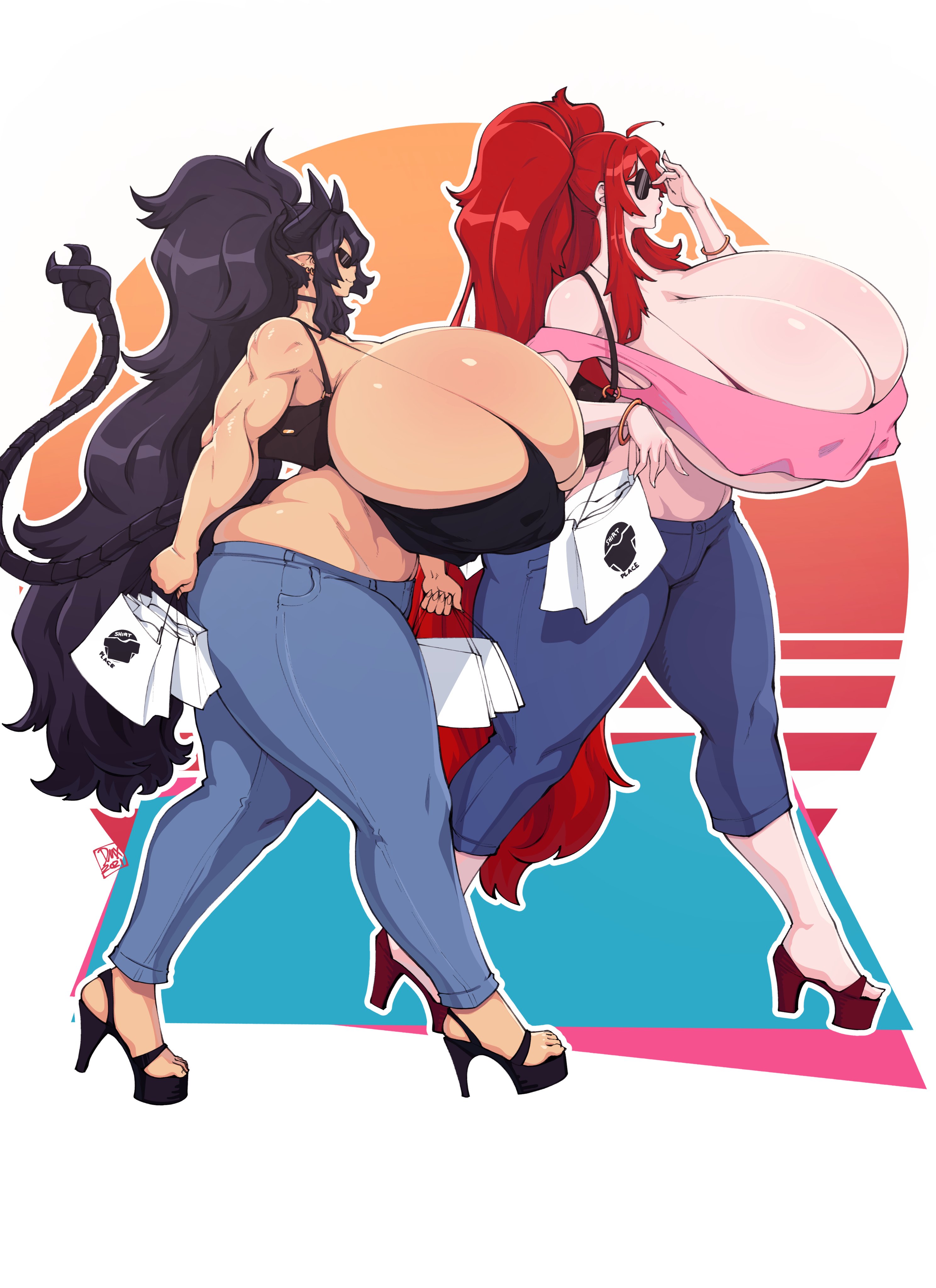 2021, 2girls, ass, big ass, black hair, breasts, breasts bigger than head, bursting breasts, cassandra (asmolith), cleavage, confident, demon, demon girl, dmxwoops, enormous breasts, eva (chaozmaelstrom), female, female only, high heels, horns, huge breasts, hyper, hyper breasts, massive breasts, original, platform heels, red hair, shopping bag, succubus, sunglasses, tail, tank top, thick thighs, thighs, top heavy, watermark, wide hips