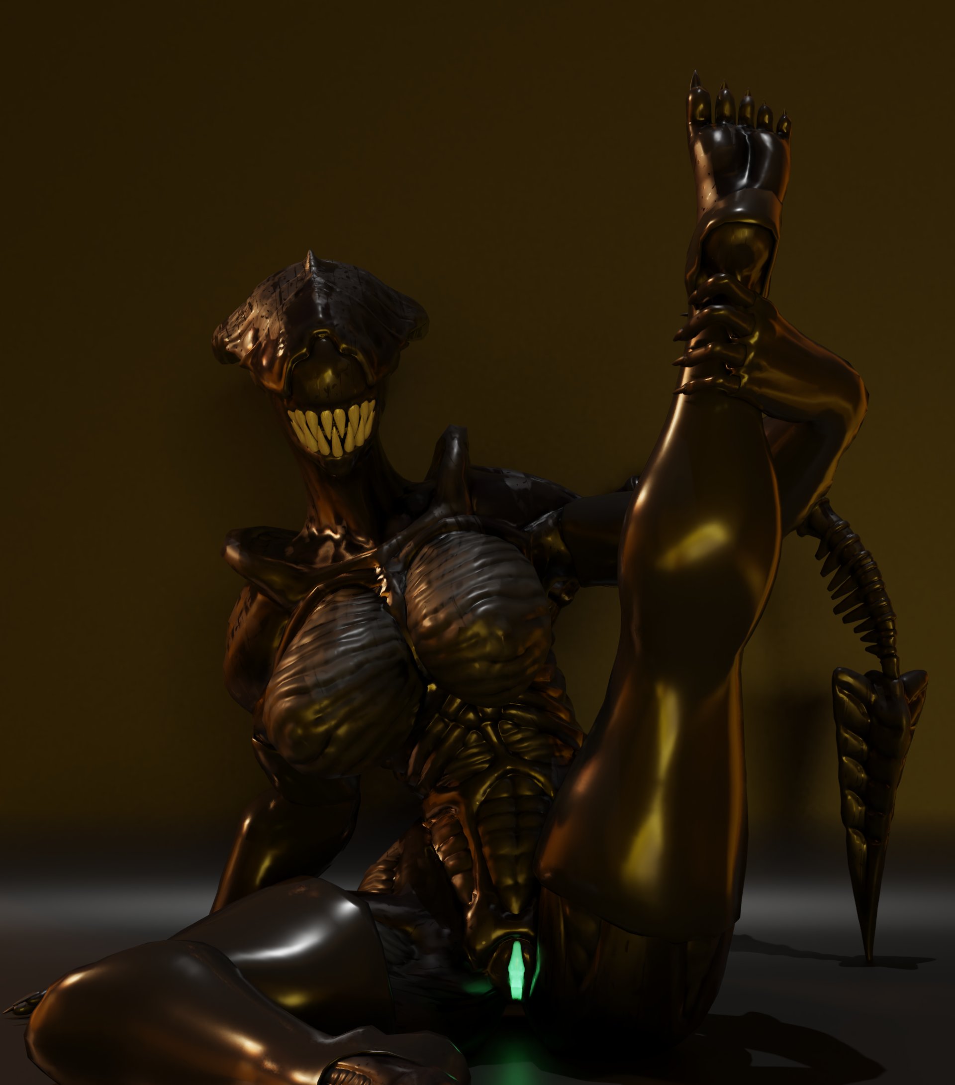 1girls, 3d, alien, alien (franchise), alien girl, big breasts, black body, black gloves, black thighhighs, breasts, cleavage, dark body, excella, exoskeleton, feet, female, female only, female xenomorph, gloves, glowing genitalia, glowing pussy, large breasts, leg held up, leg up, legs, monster, monster girl, nipples, no eyes, oc, pussy, sharp fingernails, sharp teeth, smile, smooth skin, solo, solo female, stirrup legwear, tail, teeth, thekidxeno, thick, thick thighs, thighhighs, thighs, vagina, wet, xenomorph