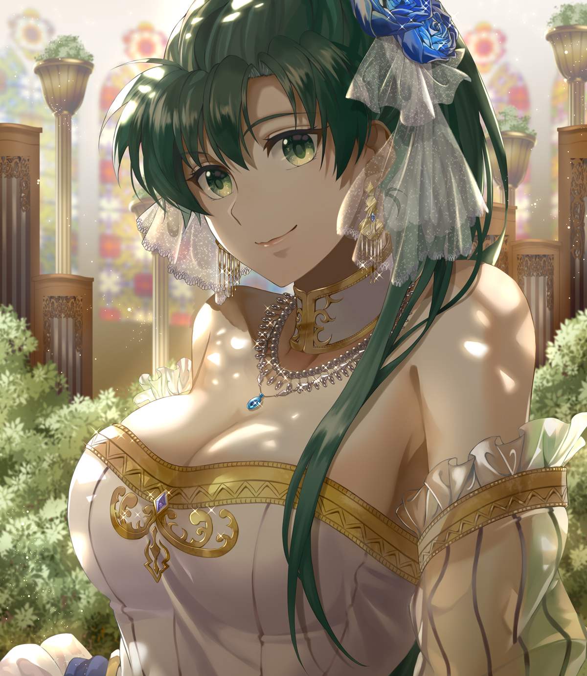 1girls, alternate costume, bangs, bare shoulders, blurry, blurry background, breasts, cleavage, closed mouth, commentary request, delsaber, dress, ear piercing, earrings, female, fire emblem, fire emblem heroes, fire emblem: the blazing blade, flower, frills, green eyes, green hair, hair ornament, highres, jewelry, light particles, lips, lipstick, long hair, looking at viewer, lyn (bridal) (fire emblem), lyn (fire emblem), lyndis (fire emblem), medium breasts, medium hair, necklace, nintendo, ponytail, saber7, shiny, shiny hair, simple background, smile, solo, strapless, strapless dress, striped, upper body, vertical stripes, wedding, wedding dress