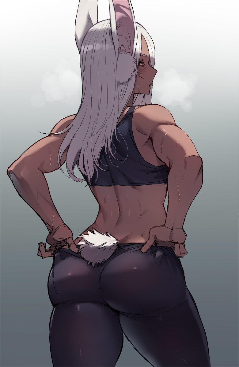 1girls, ass, blush, bubble ass, bubble butt, bunny ears, bunny tail, clothing, dark skin, dark-skinned female, female, long ears, long hair, looking at viewer, looking back, miruko, my hero academia, pantyhose, ratatatat74, red eyes, rumi usagiyama, solo, sports bra, steam, sweat, white hair, white-haired female, yoga pants