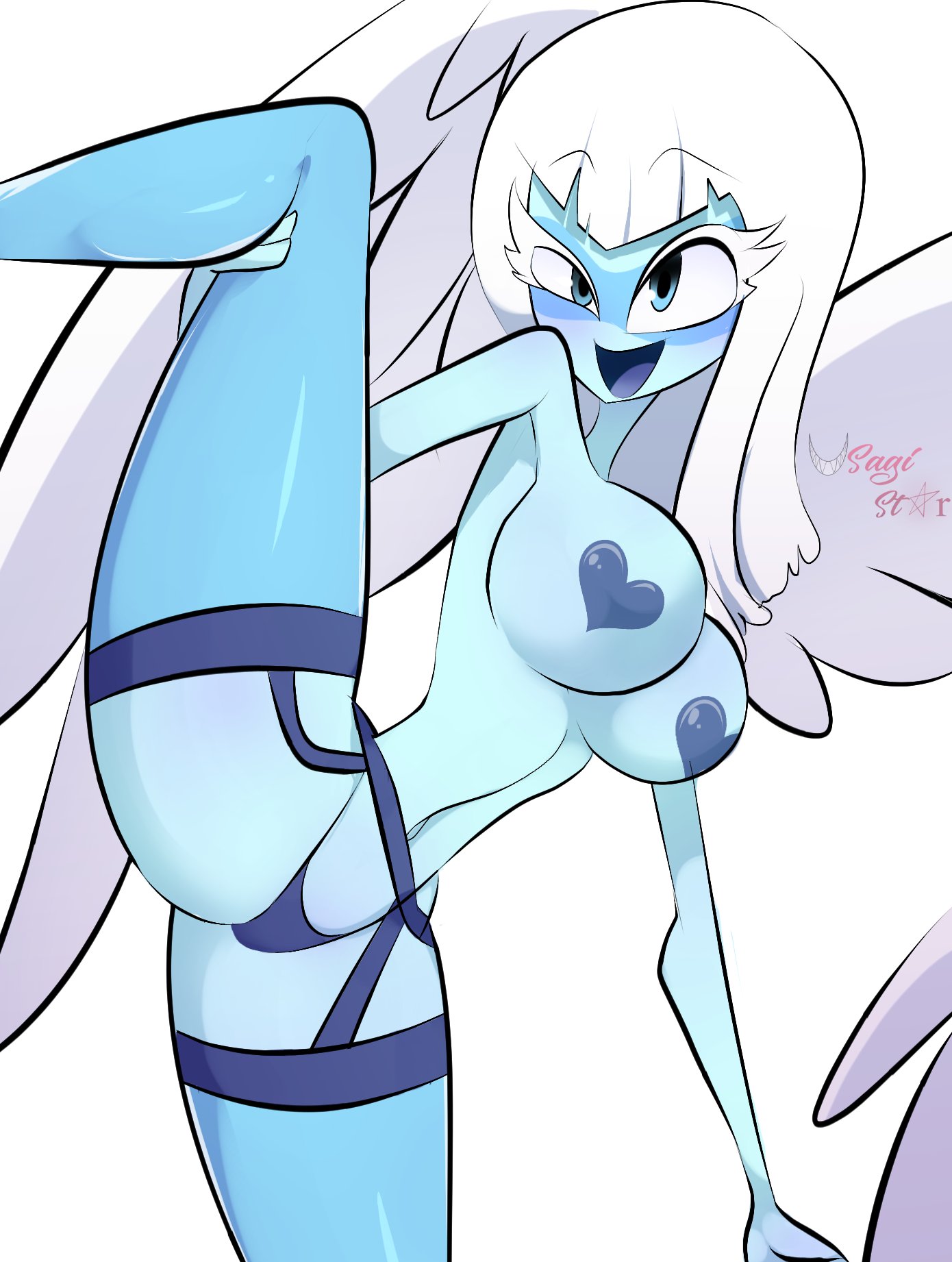 adventure time, big breasts, blue skin, breasts, covered nipples, female, guardian angel (adventure time), leg up, leggings, nipple covers, pleasure face, thick thighs, usagi star, white hair, wings